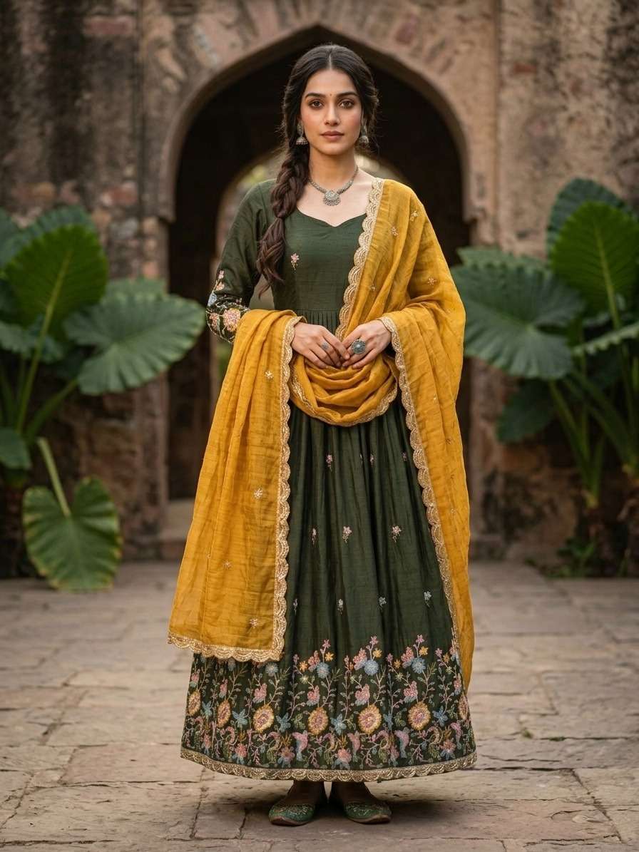 DESIGNER WEDDING PARTY WEAR FENDY SILK READYMADE GREEN ANARKALI SALWAR SUIT KU 1262 B