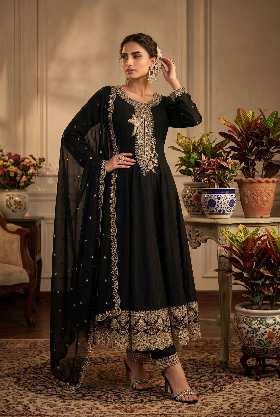 DESIGNER WEDDING PARTY WEAR PREMIUM SILK BLACK LONG ANARKALI SALWAR SUIT GOWN SVN 127