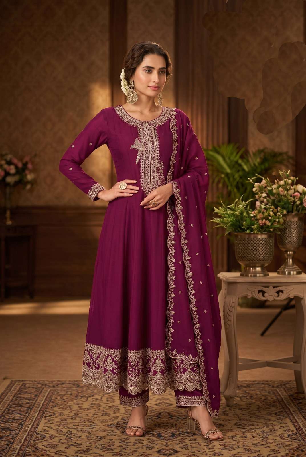 DESIGNER WEDDING PARTY WEAR PREMIUM SILK PURPLE LONG ANARKALI SALWAR SUIT GOWN SVN 128