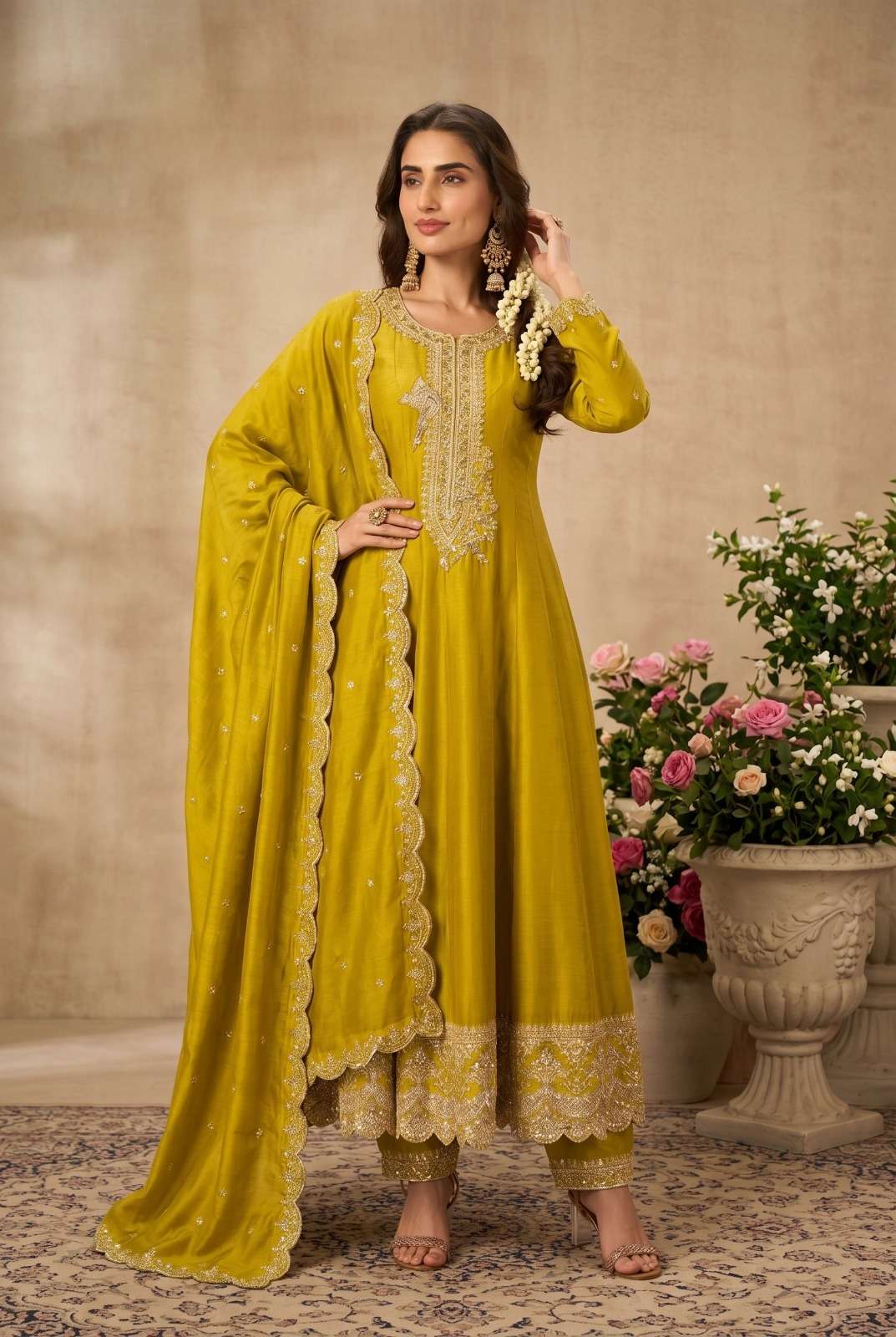 DESIGNER WEDDING PARTY WEAR PREMIUM SILK YELLOW LONG ANARKALI SALWAR SUIT GOWN SVN 129