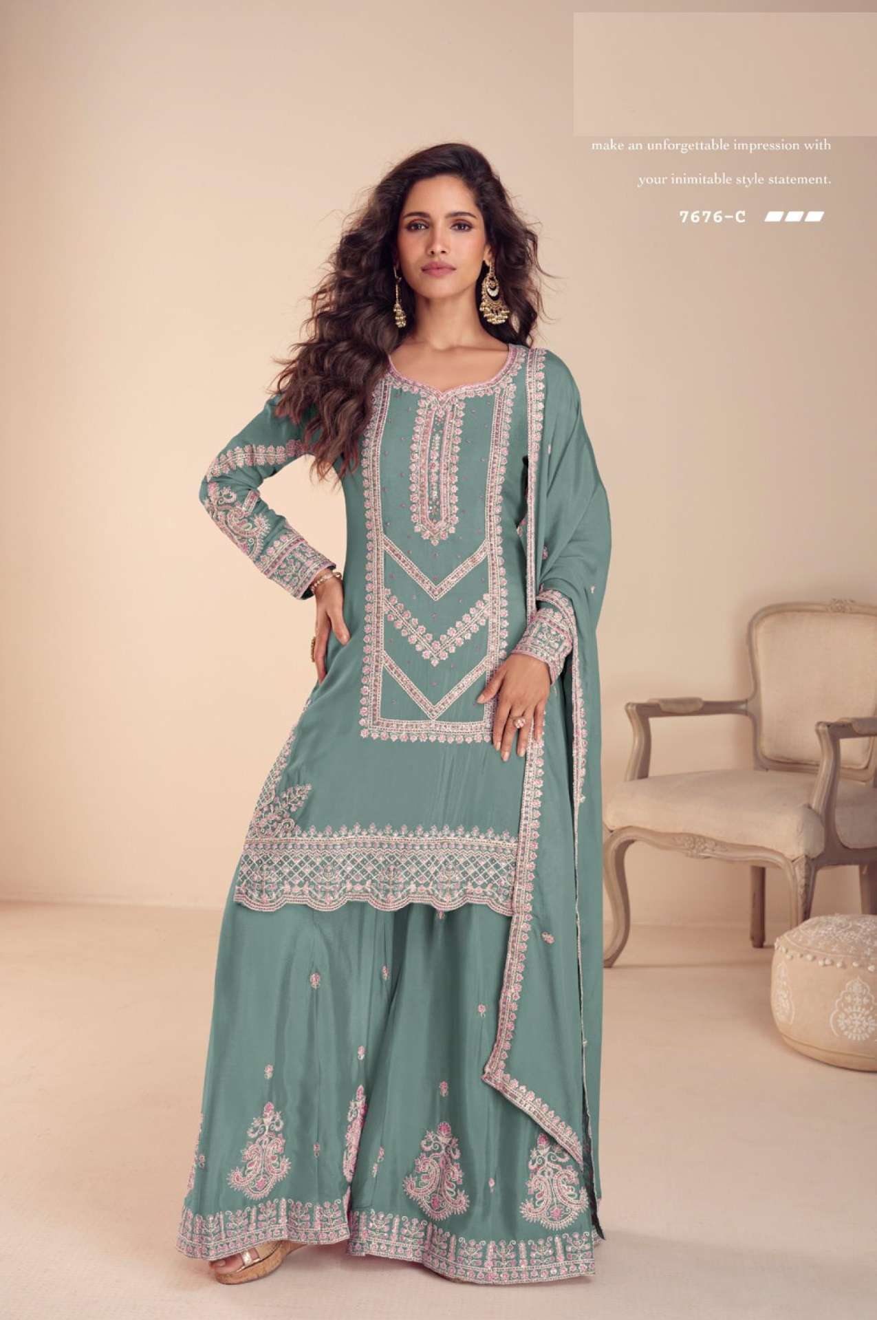 DESIGNER WEDDING PARTY WEAR REAL CHINON BLUE PALAZZO SHARARA SALWAR SUIT GL SAACHI 7676 C