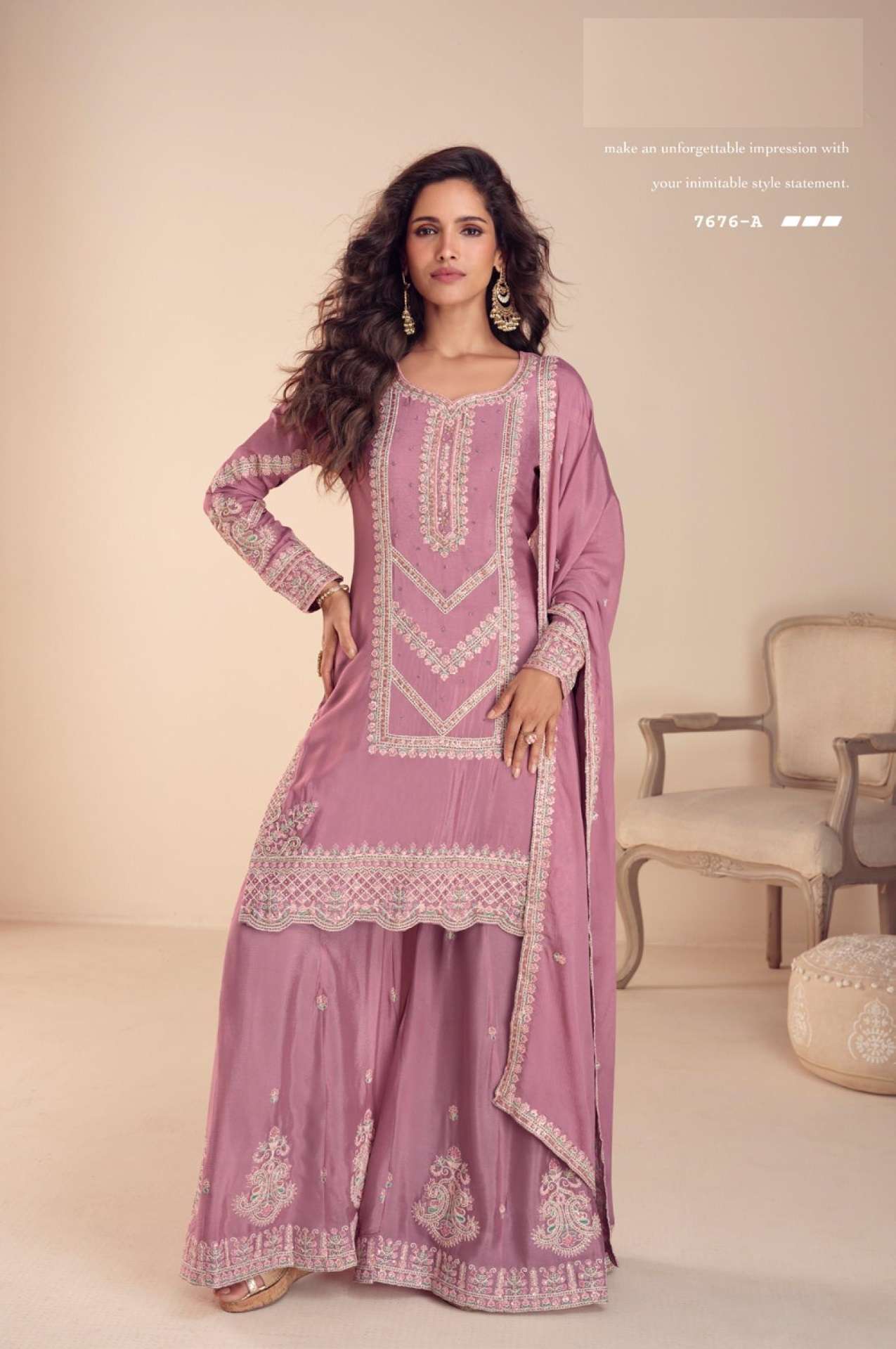 DESIGNER WEDDING PARTY WEAR REAL CHINON PINK PALAZZO SHARARA SALWAR SUIT GL SAACHI 7676 A