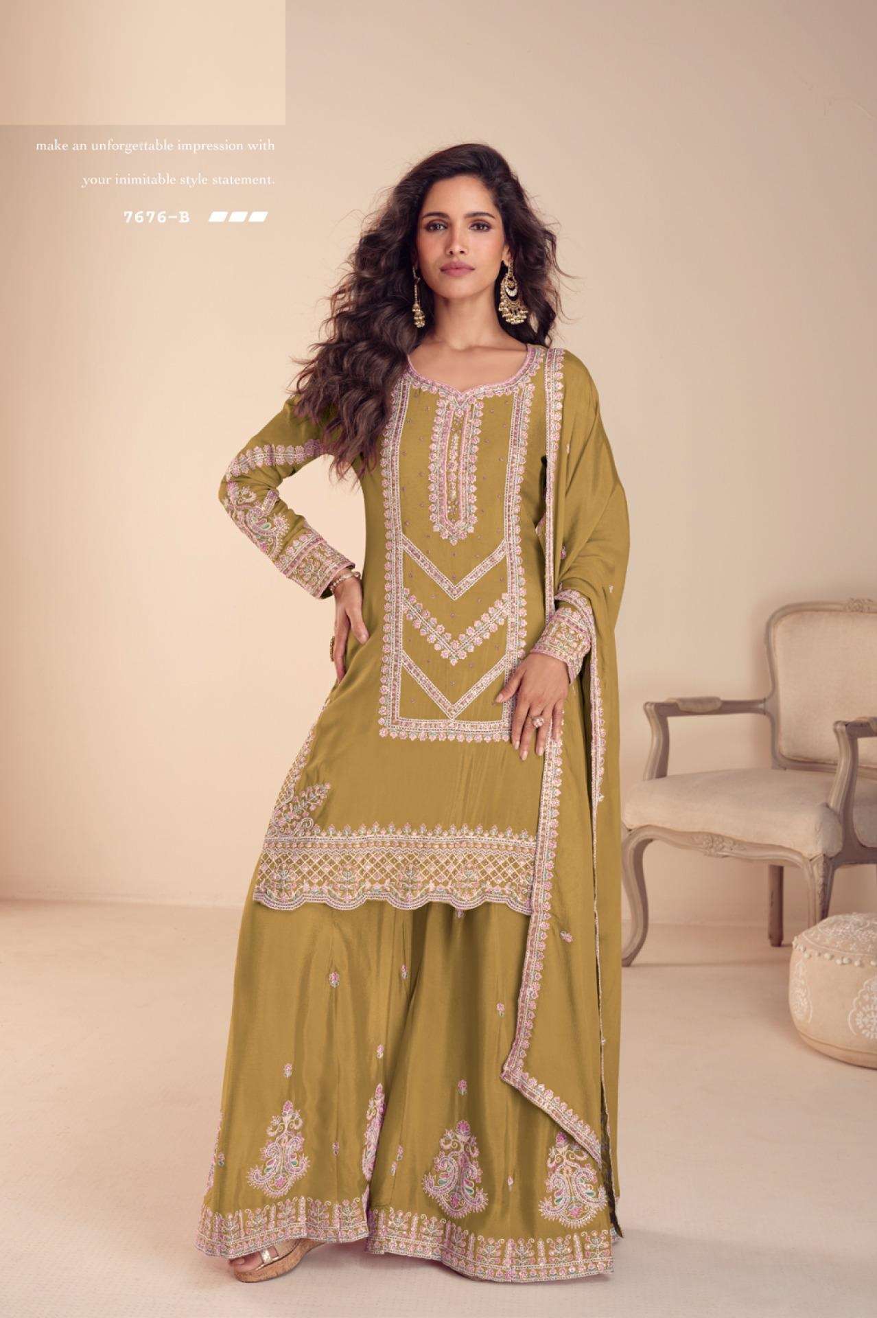 DESIGNER WEDDING PARTY WEAR REAL CHINON YELLOW PALAZZO SHARARA SALWAR SUIT GL SAACHI 7676 B