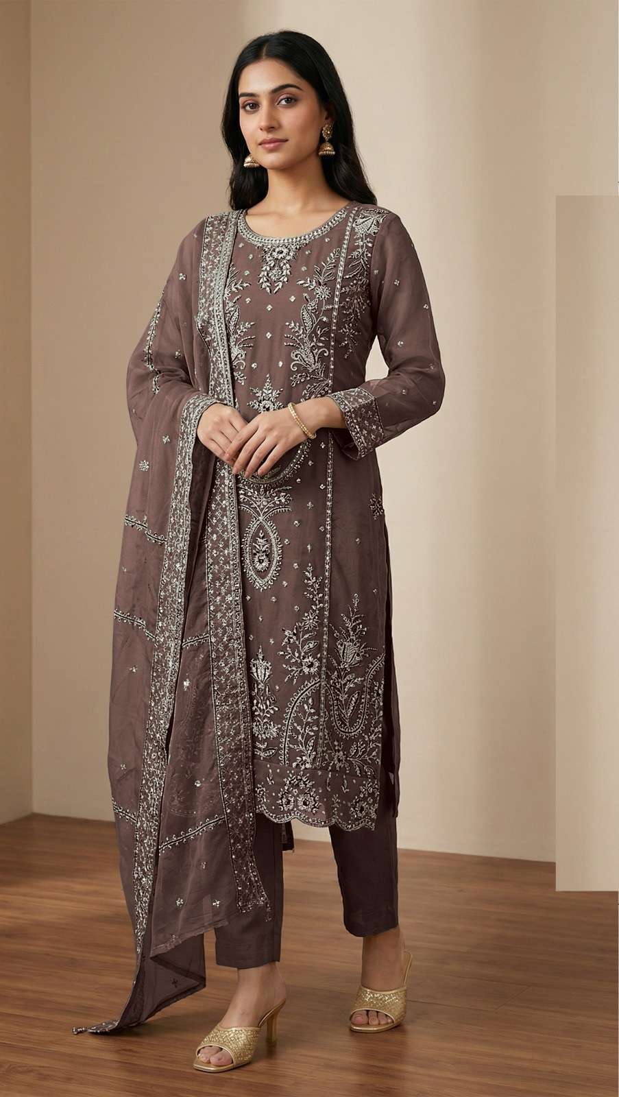 DESIGNER WEDDING PARTY WEAR STRAIGHT ORGANZA BROWN PAKISTANI SALWAR SUIT CP 923 B