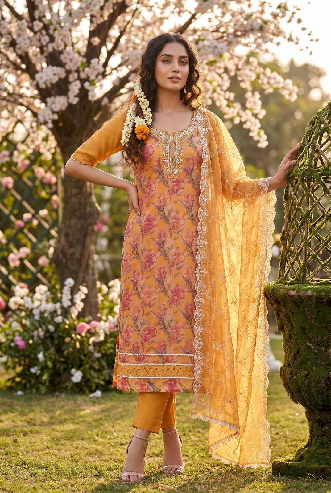 DESIGNER WEDDING PARTY WEAR STRAIGHT ORGANZA FLORAL PRINTED HANDWORK YELLOW SALWAR SUIT SVN 132
