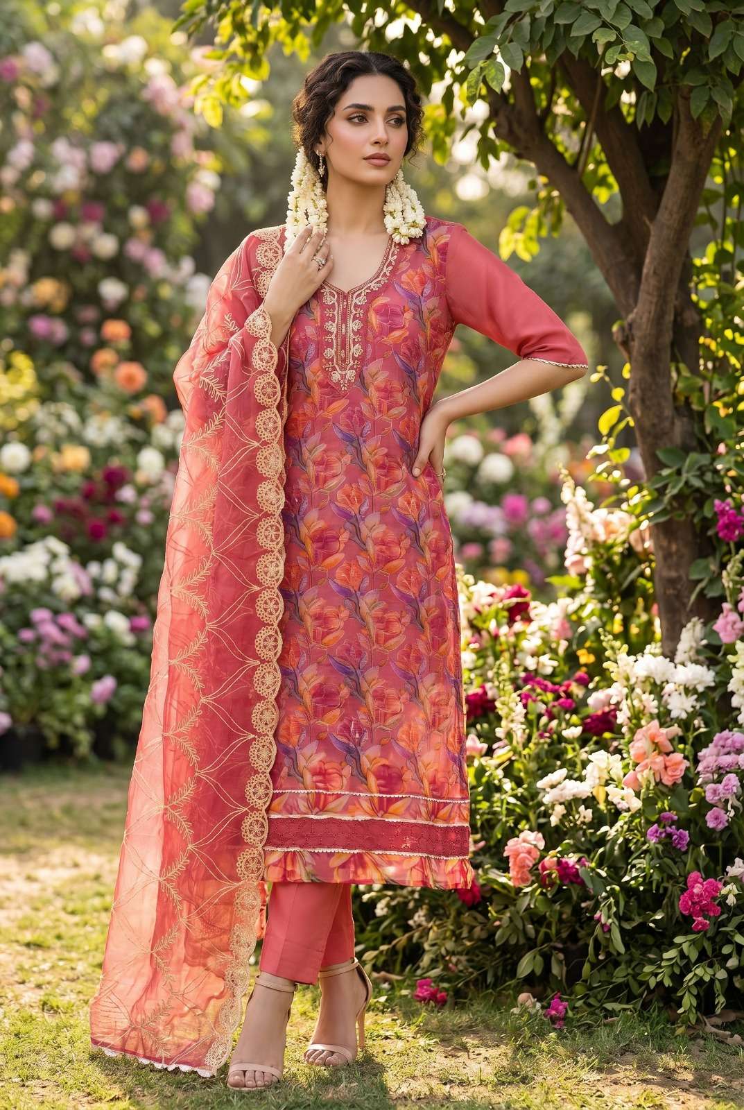 DESIGNER WEDDING PARTY WEAR STRAIGHT ORGANZA FLORAL PRINTED HANDWORK PINK SALWAR SUIT SVN 133