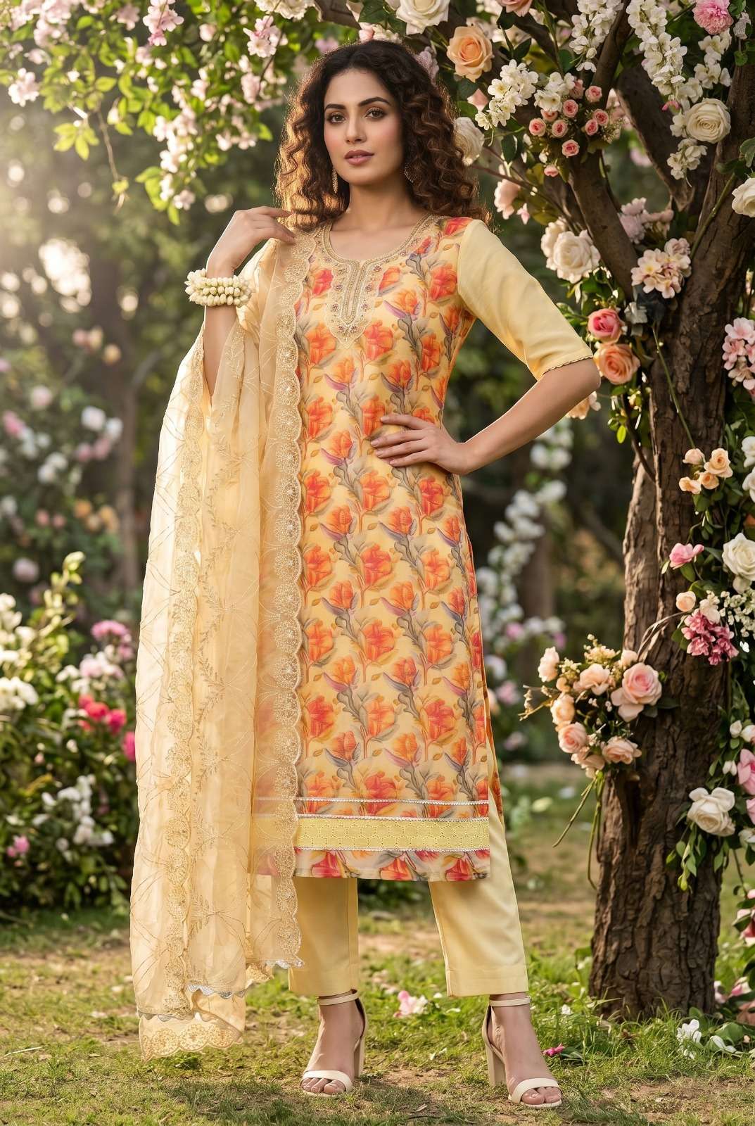 DESIGNER WEDDING PARTY WEAR STRAIGHT ORGANZA FLORAL PRINTED HANDWORK YELLOW SALWAR SUIT SVN 134