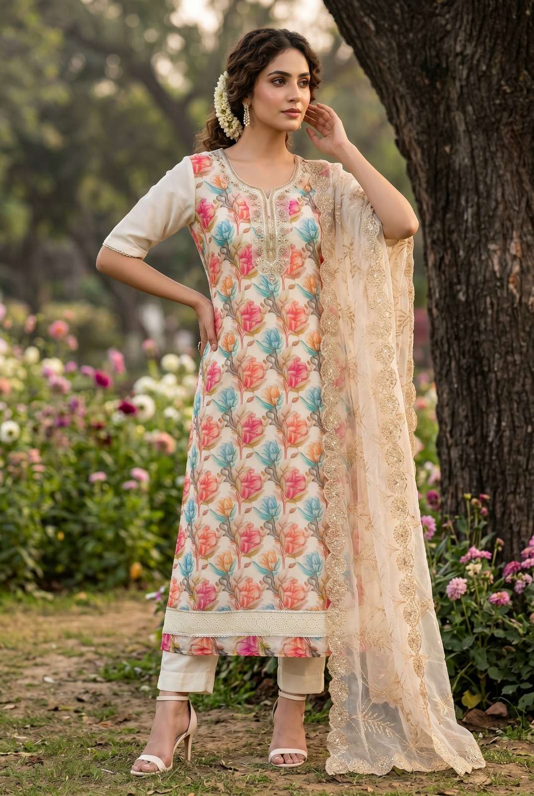 DESIGNER WEDDING PARTY WEAR STRAIGHT ORGANZA FLORAL PRINTED HANDWORK BEIGE SALWAR SUIT SVN 135