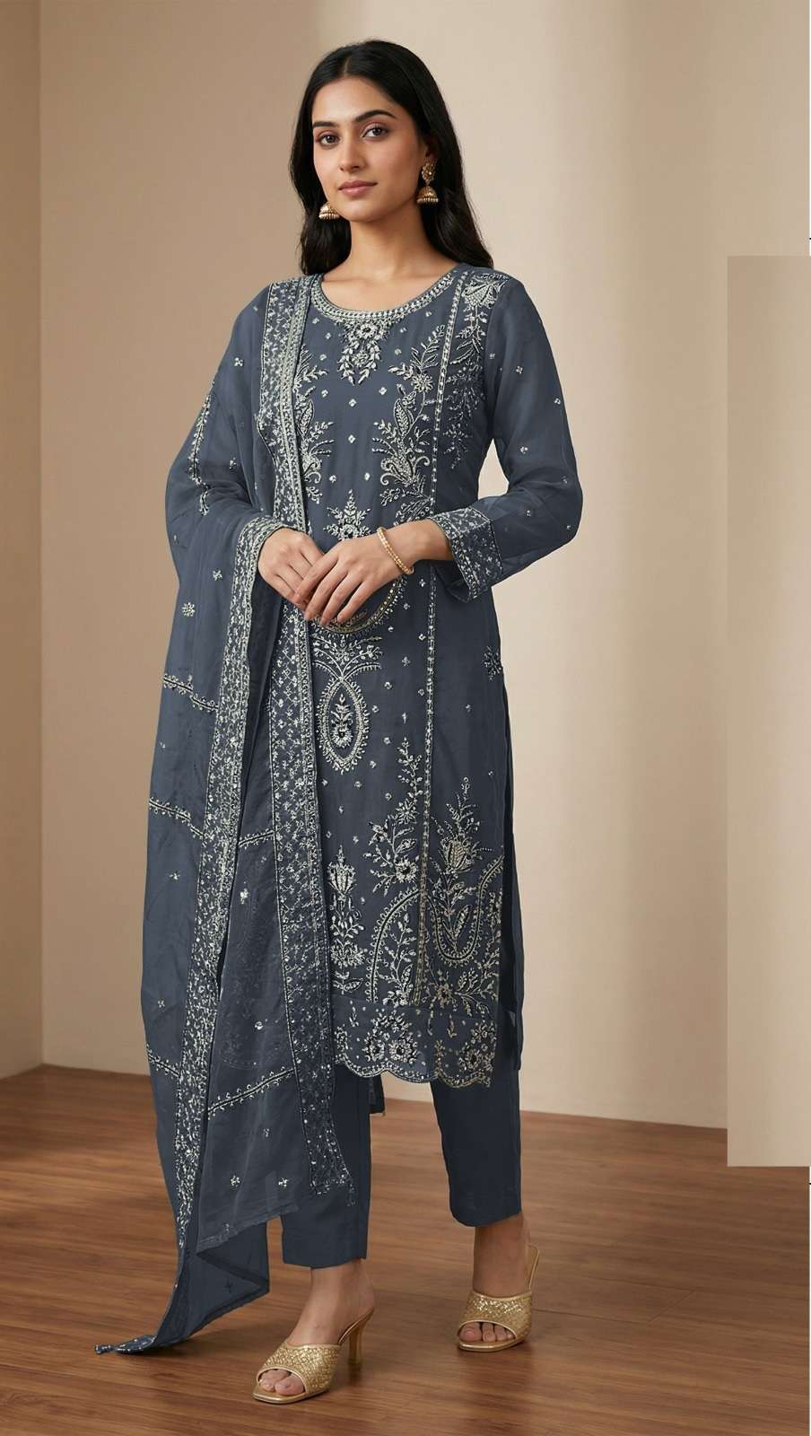 DESIGNER WEDDING PARTY WEAR STRAIGHT ORGANZA GREY PAKISTANI SALWAR SUIT CP 923 D