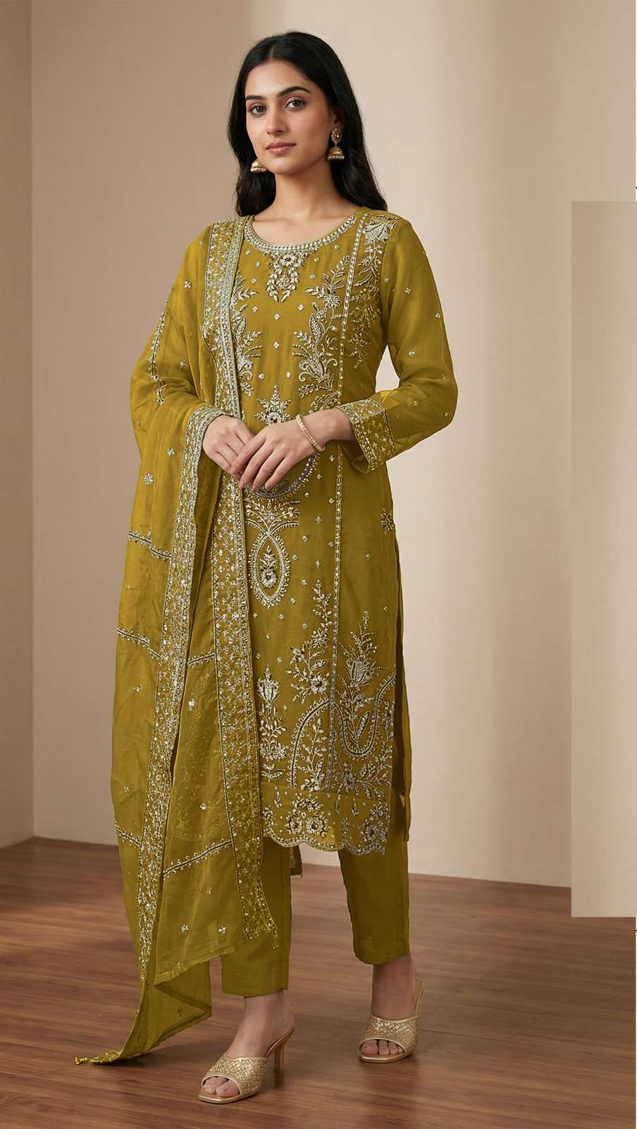 DESIGNER WEDDING PARTY WEAR STRAIGHT ORGANZA YELLOW PAKISTANI SALWAR SUIT CP 923 C