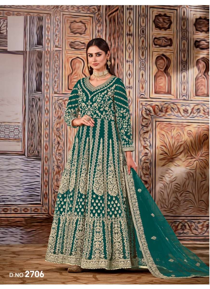 PREMIUM DESIGNER LONG BLUE GREEN ANARKALI GOWN SALWAR SUIT SHF 2706