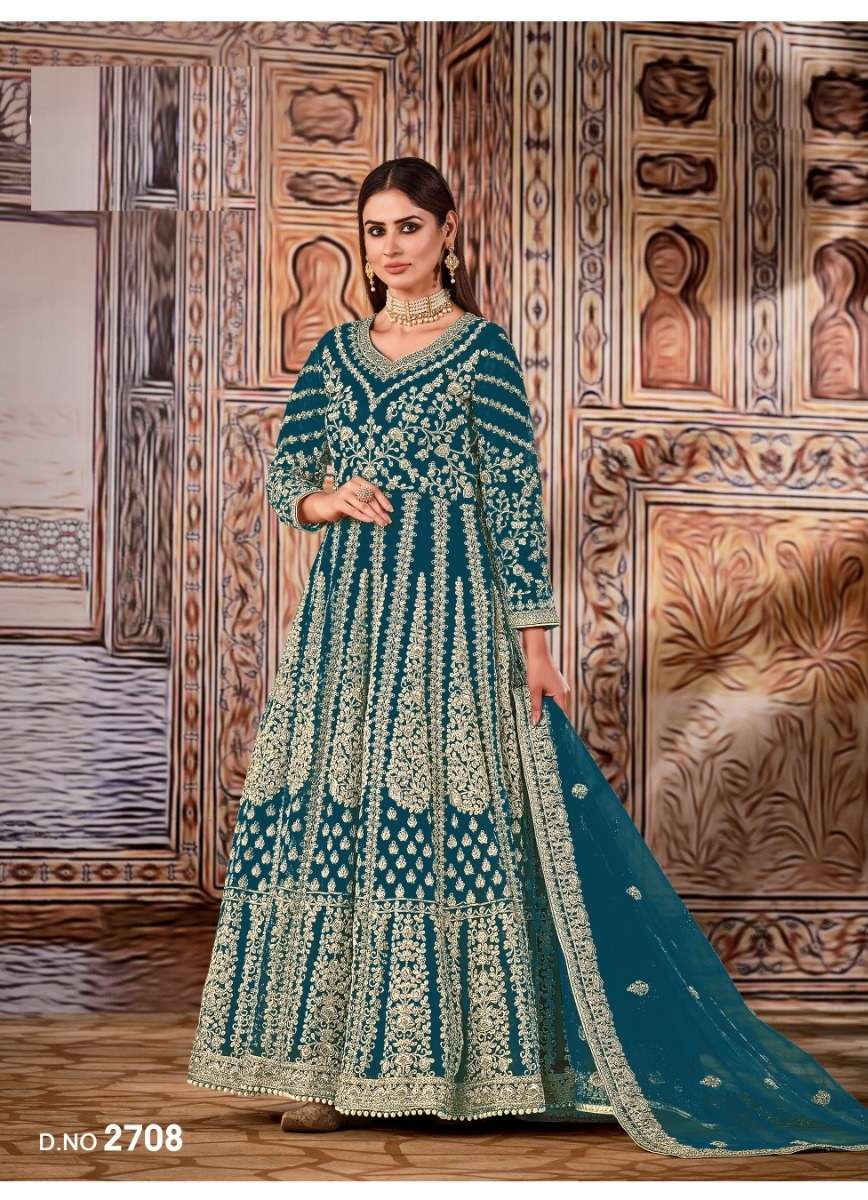 PREMIUM DESIGNER LONG TEAL BLUE ANARKALI GOWN SALWAR SUIT SHF 2708