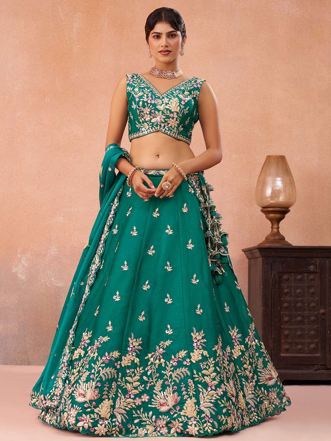 DESIGNER BOLLYWOOD BRIDAL WEDDING PARTY WEAR TEAL GREEN TISSUE SILK LEHENGA CHOLI SENHORA NT 6300 B