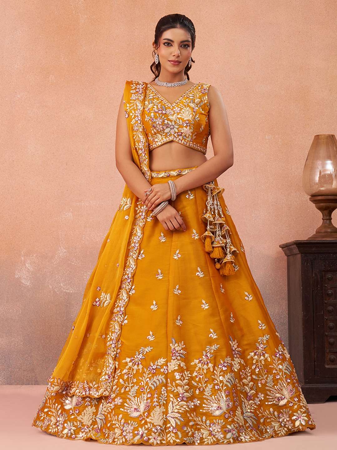 DESIGNER BOLLYWOOD BRIDAL WEDDING PARTY WEAR YELLLOW TISSUE SILK LEHENGA CHOLI SENHORA NT 6300 A