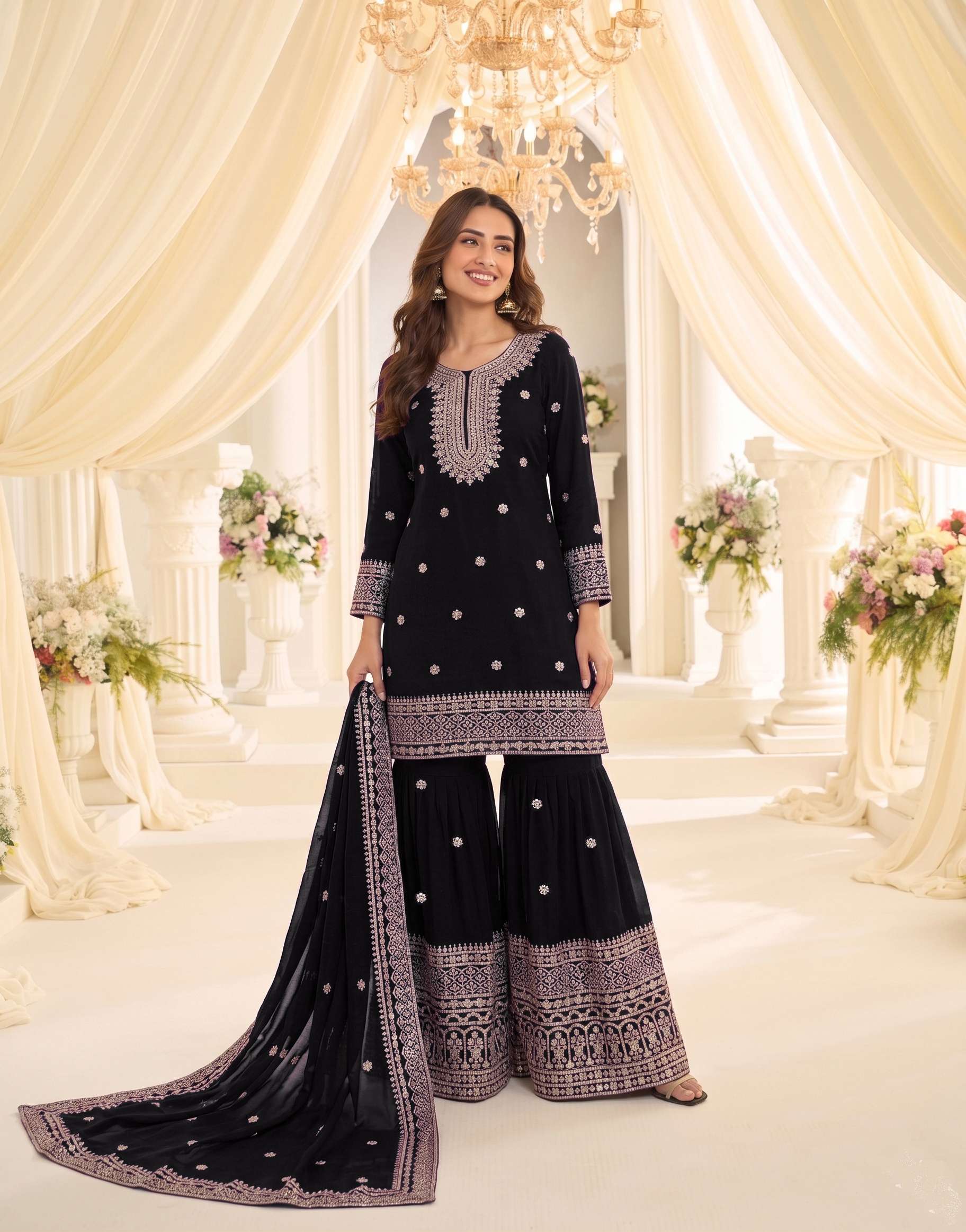 DESIGNER FANCY PARTY WEAR CHINON BLACK SHARARA SALWAR SUIT PALAZZO KB 3320 A