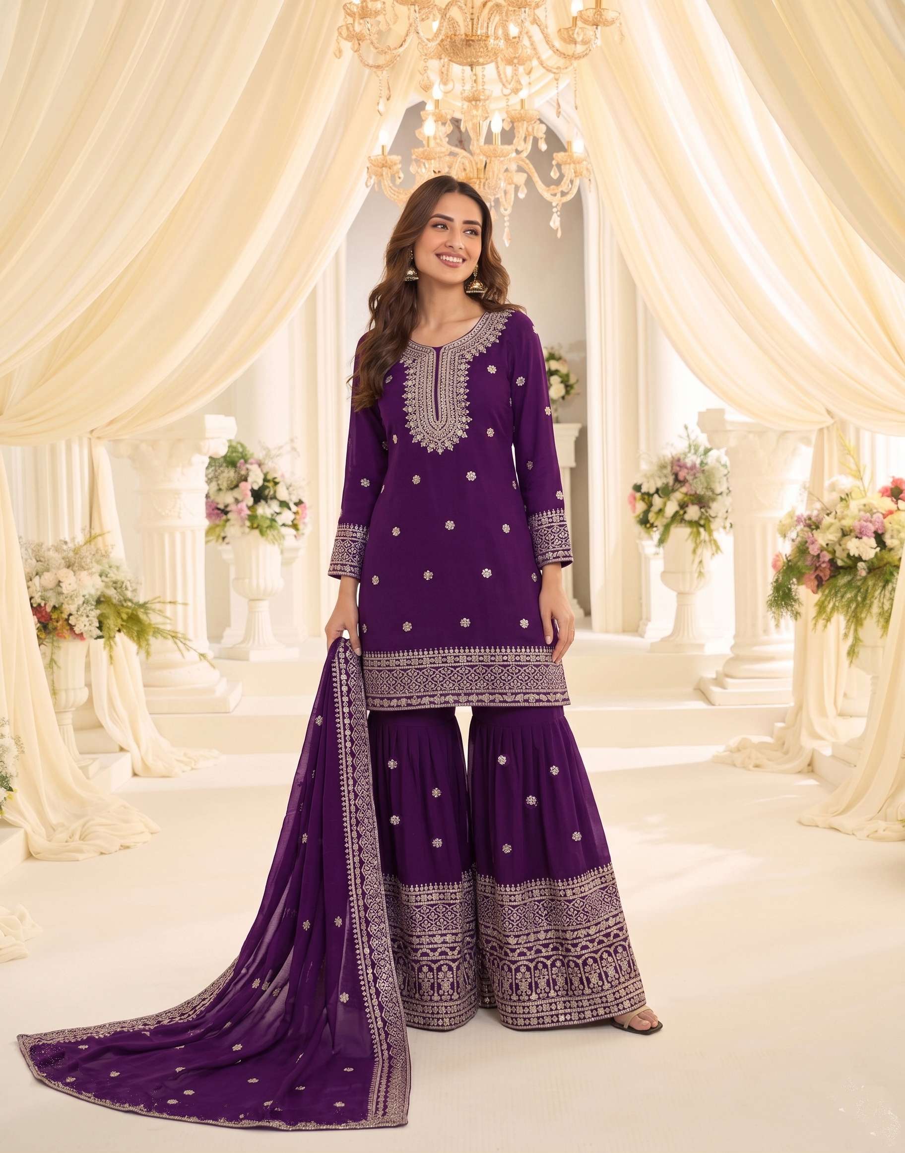 DESIGNER FANCY PARTY WEAR CHINON PURPLE SHARARA SALWAR SUIT PALAZZO KB 3320 C