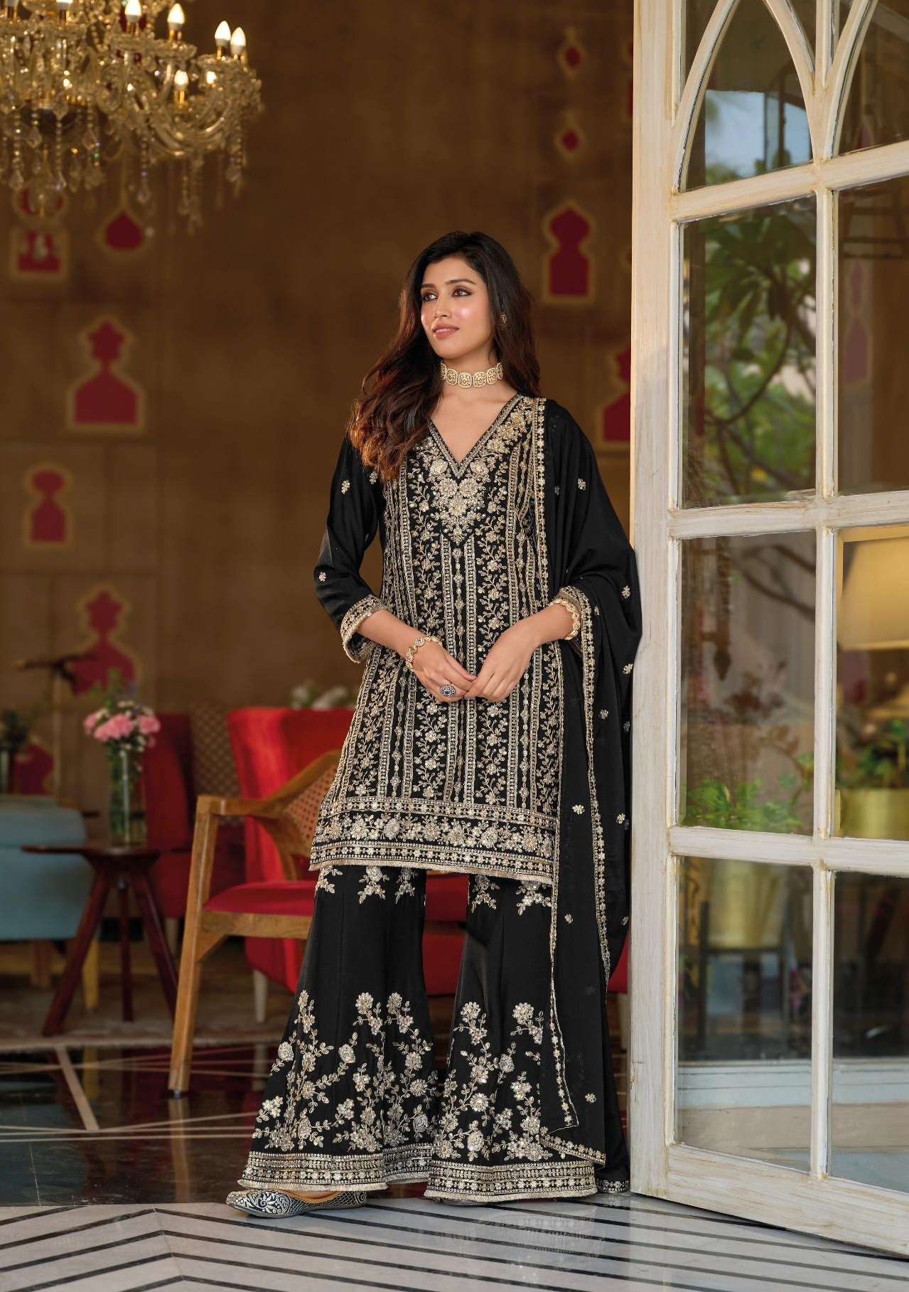 DESIGNER FANCY PARTY WEAR CHINON SILK SHARARA SALWAR SUIT PALAZZO EB 2411