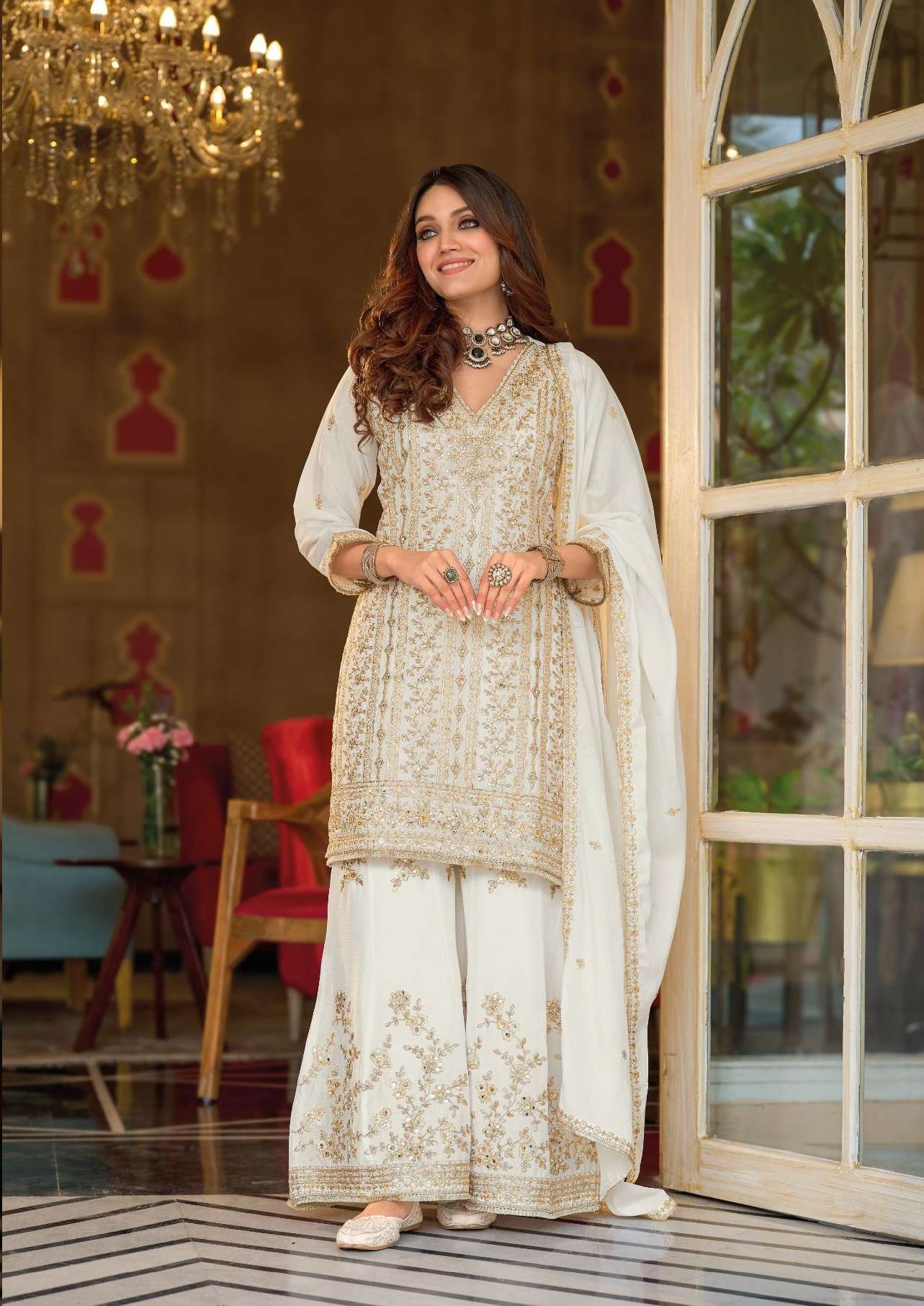DESIGNER FANCY PARTY WEAR CHINON SILK WHITE SHARARA SALWAR SUIT PALAZZO EB 2412