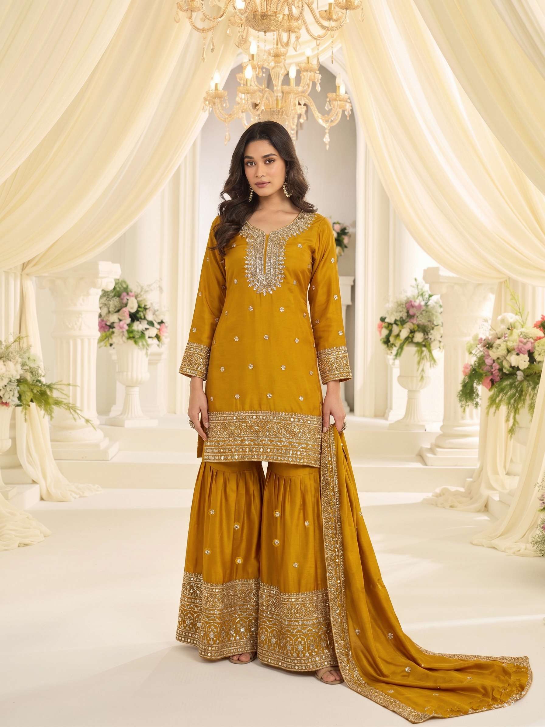 DESIGNER FANCY PARTY WEAR CHINON YELLOW SHARARA SALWAR SUIT PALAZZO KB 3320 B