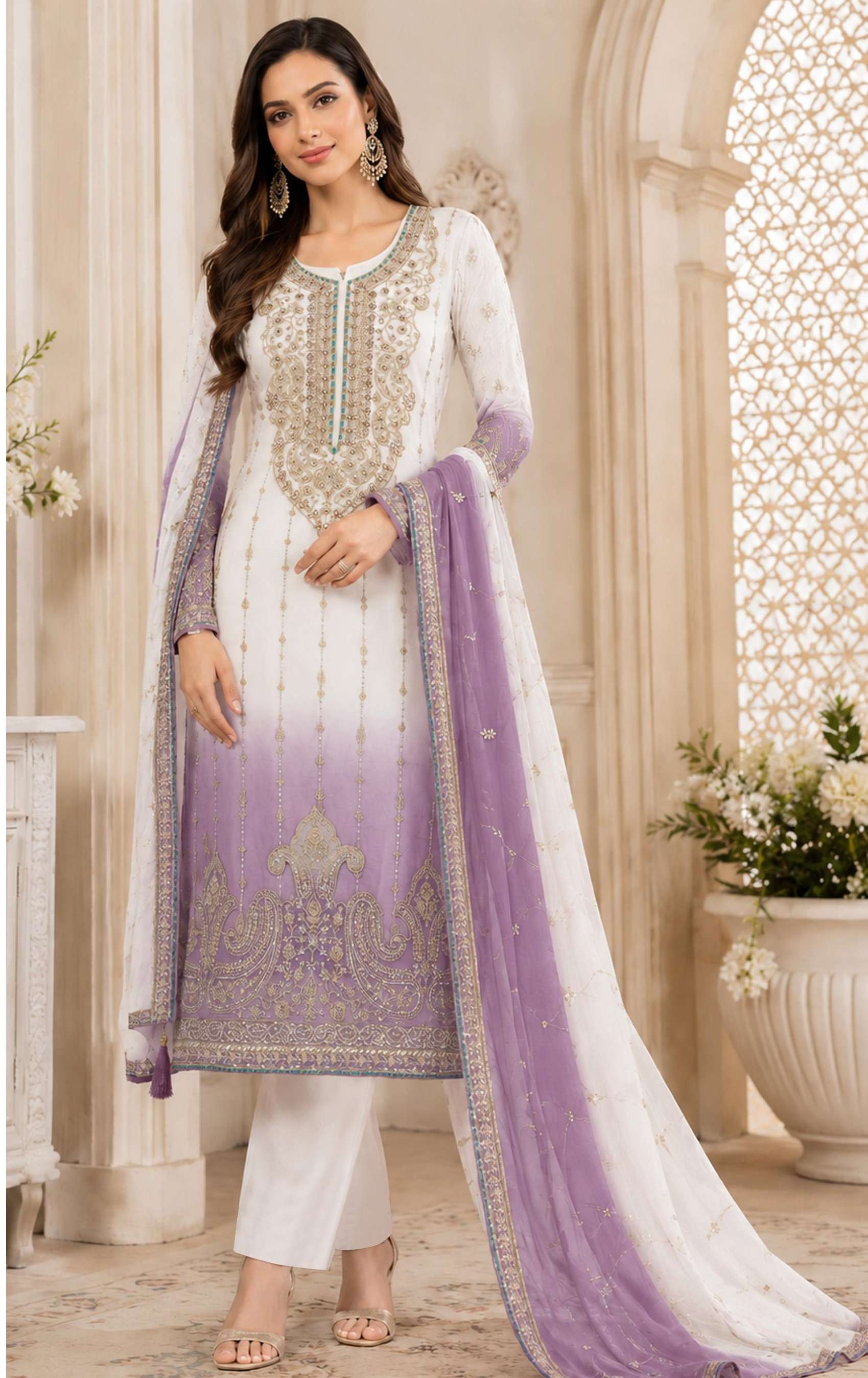 DESIGNER FANCY PARTY WEAR CRUNCY PADDING WHITE PAKISTANI SALWAR SUIT JG 5248 A
