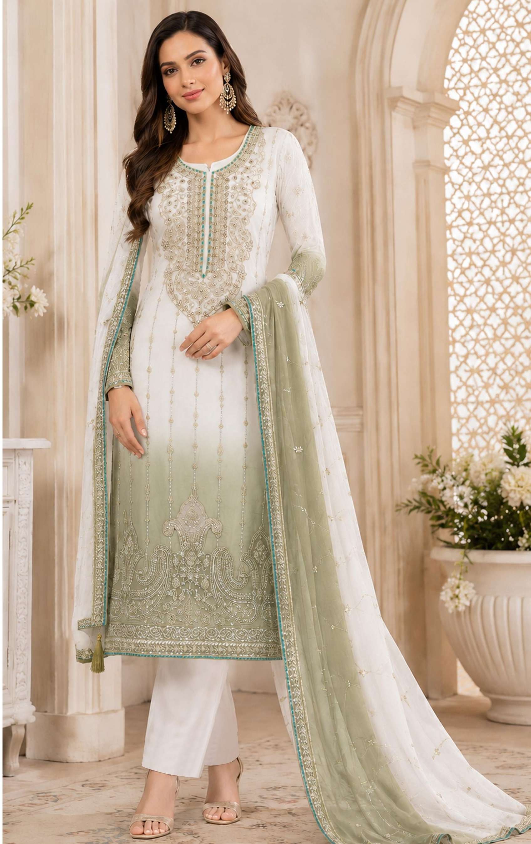 DESIGNER FANCY PARTY WEAR CRUNCY PADDING WHITE PAKISTANI SALWAR SUIT JG 5248
