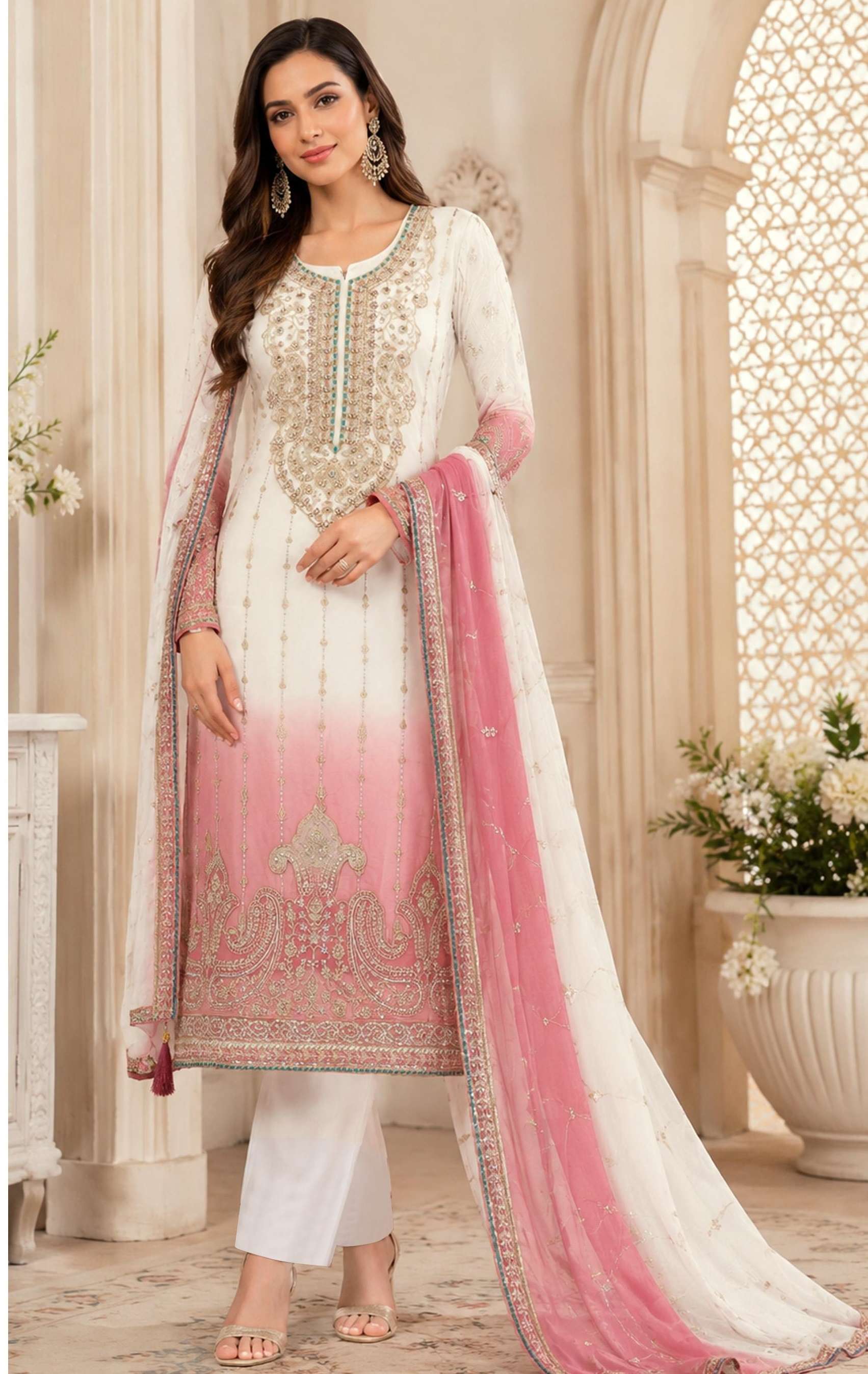 DESIGNER FANCY PARTY WEAR CRUNCY PADDING WHITE PAKISTANI SALWAR SUIT JG 5248 C
