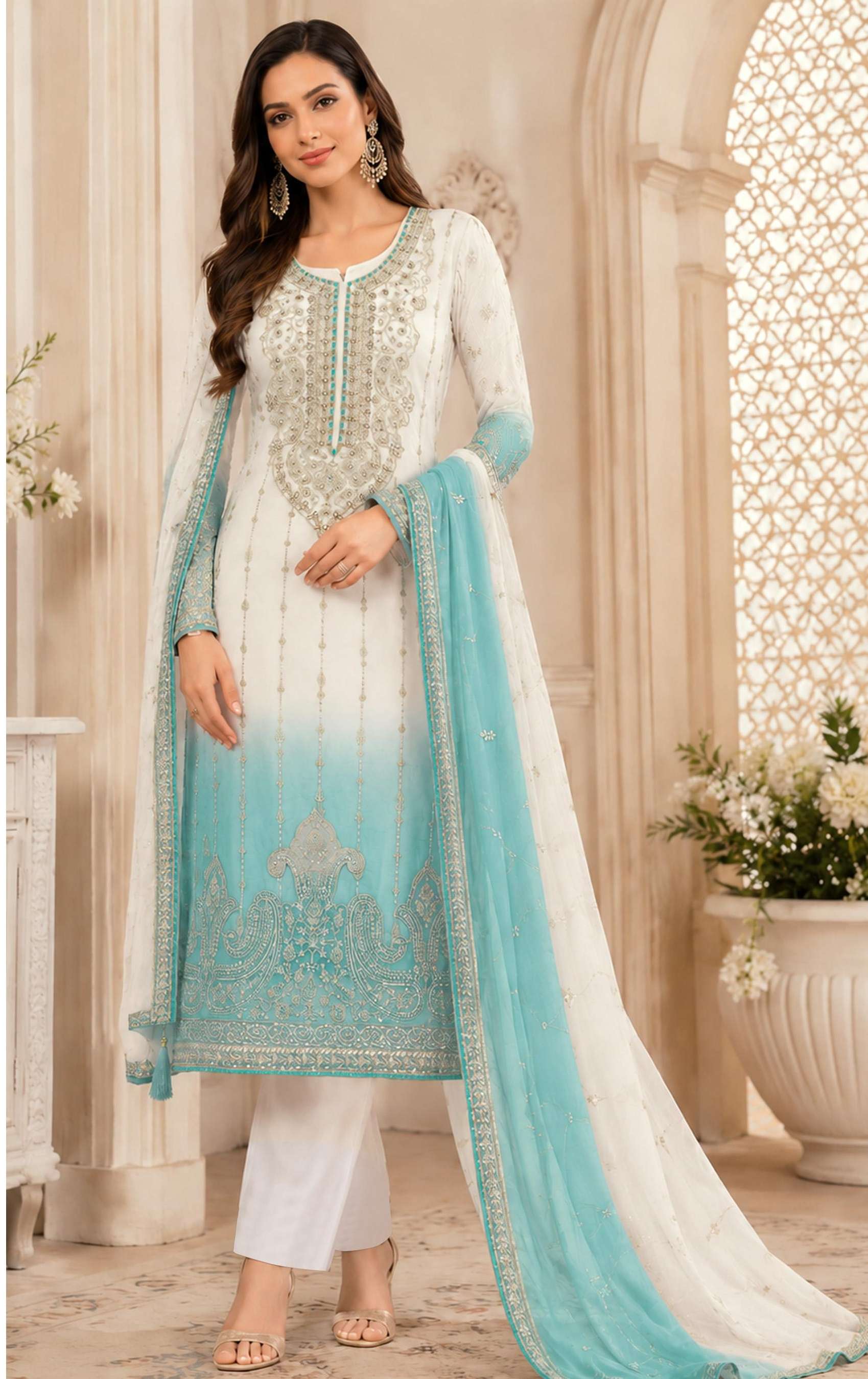 DESIGNER FANCY PARTY WEAR CRUNCY PADDING WHITE PAKISTANI SALWAR SUIT JG 5248 D