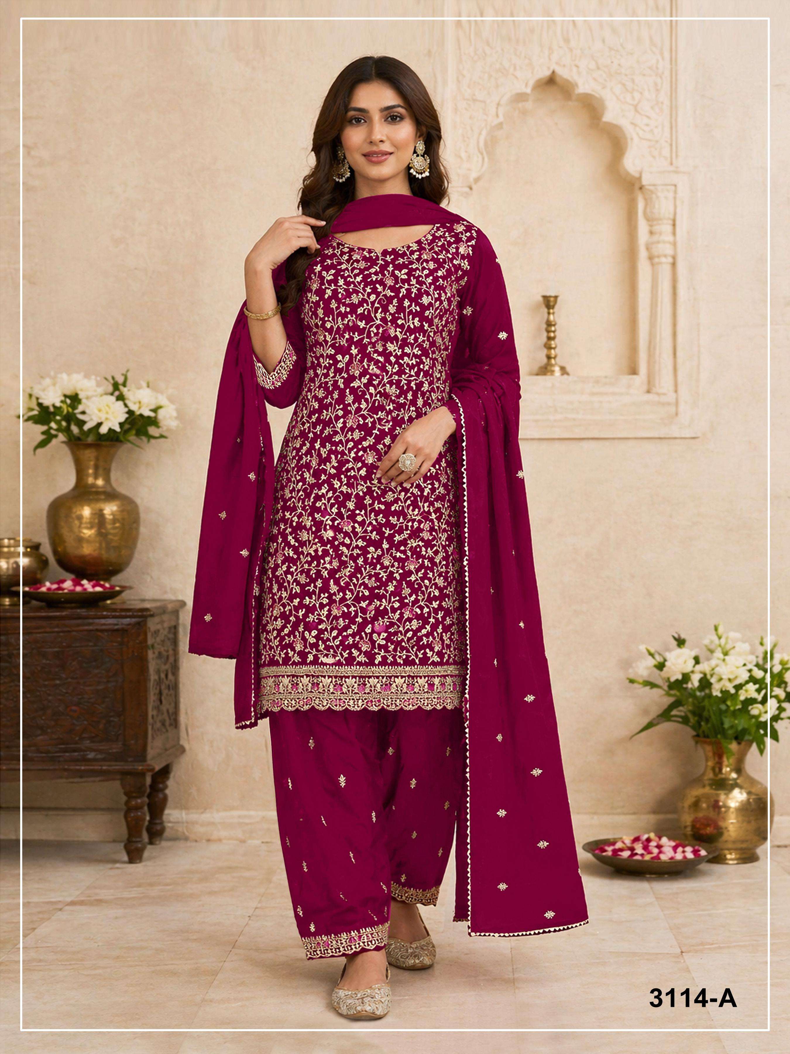 DESIGNER FANCY PARTY WEAR FAUX BLOOMING GEORGETTE RANI PINK SHARARA SALWAR SUIT PALAZZO JG 3114 A