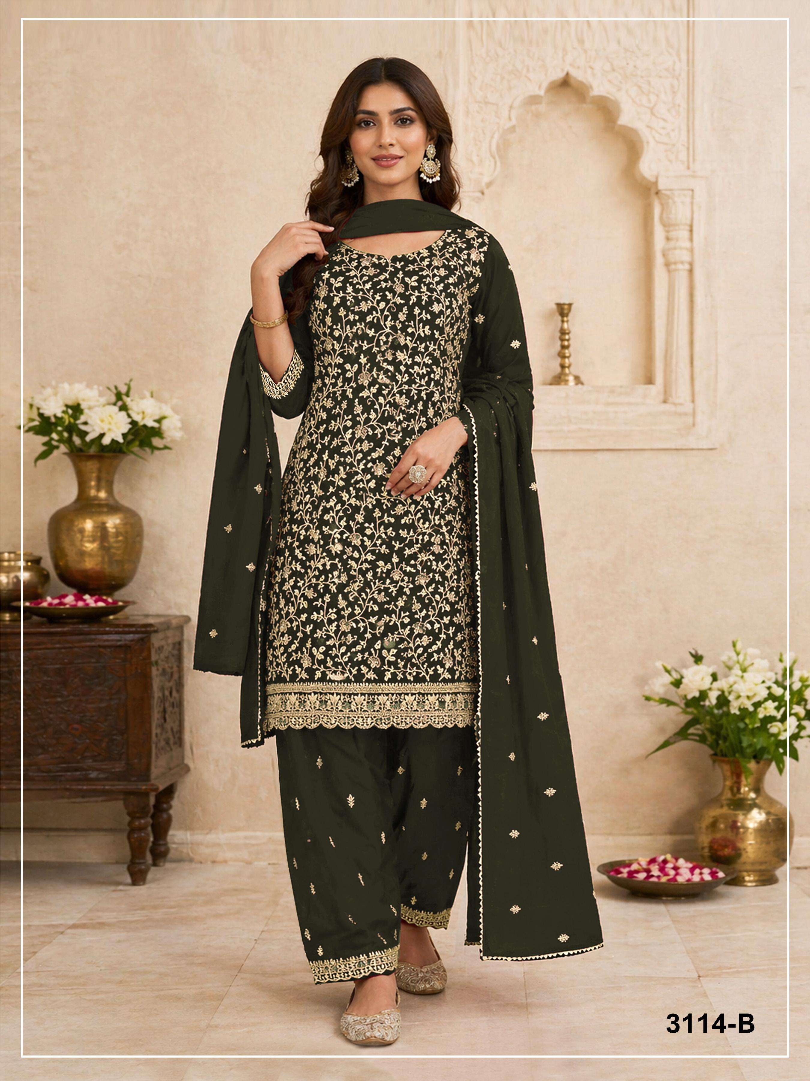 DESIGNER FANCY PARTY WEAR FAUX BLOOMING GEORGETTE GREEN SHARARA SALWAR SUIT PALAZZO JG 3114 B