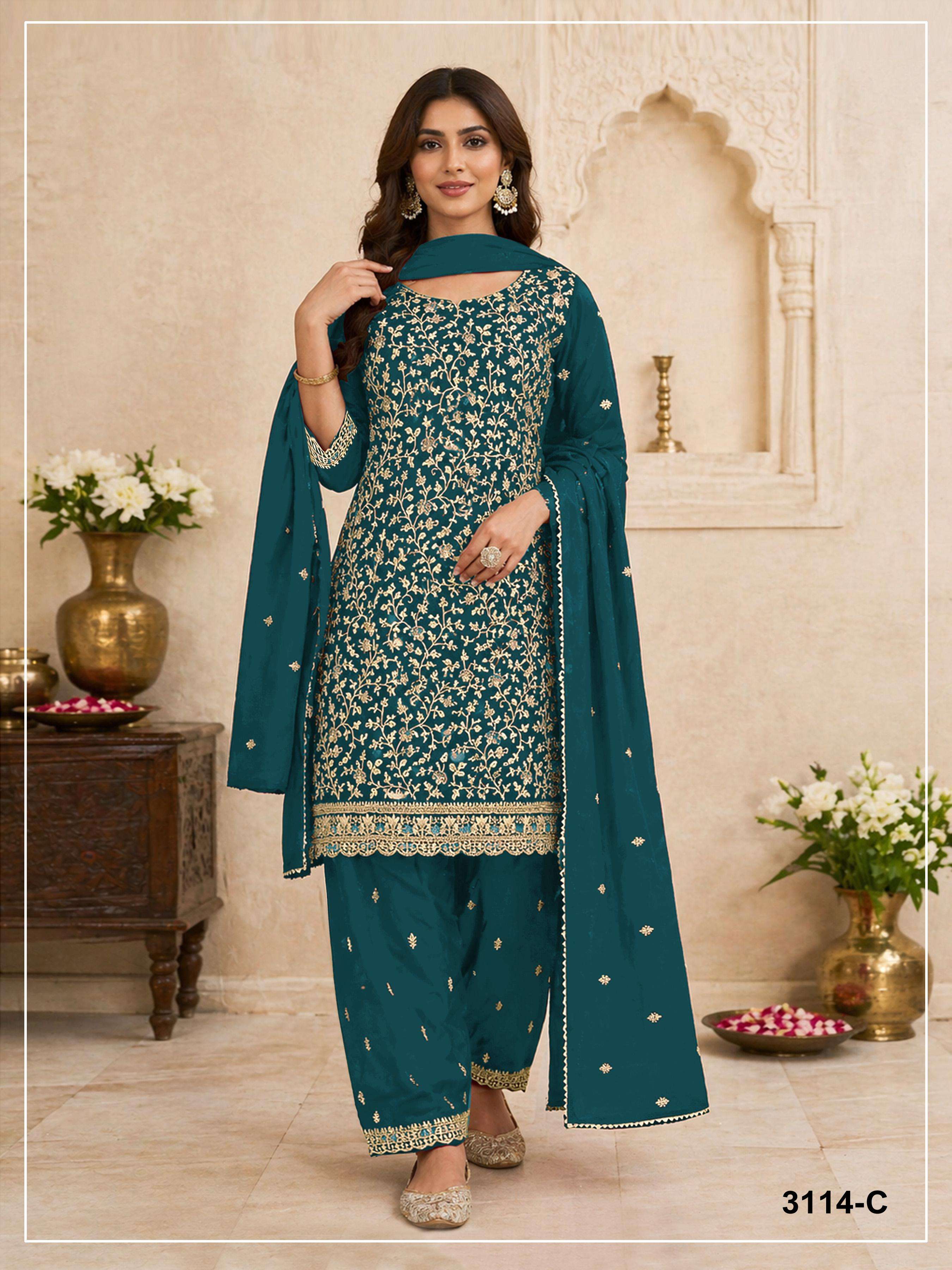 DESIGNER FANCY PARTY WEAR FAUX BLOOMING GEORGETTE BLUE SHARARA SALWAR SUIT PALAZZO JG 3114 V