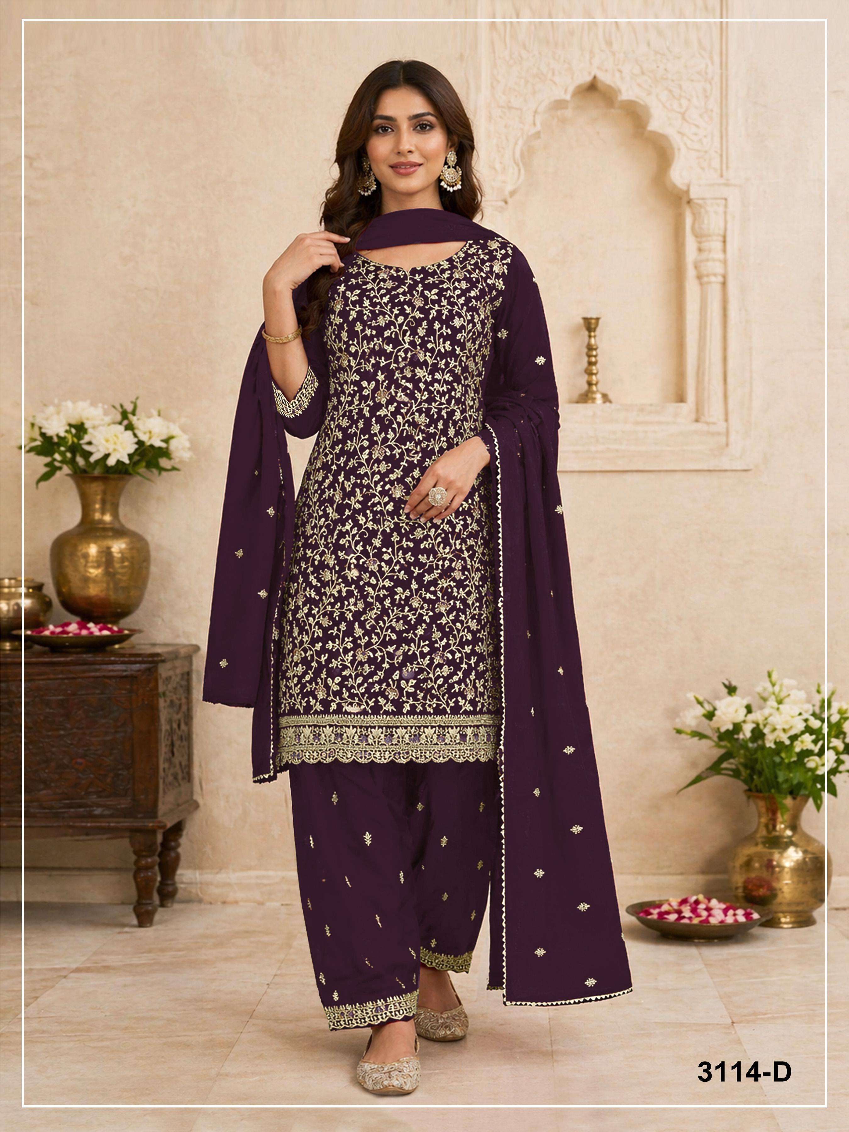DESIGNER FANCY PARTY WEAR FAUX BLOOMING GEORGETTE PURPLE SHARARA SALWAR SUIT PALAZZO JG 3114 D