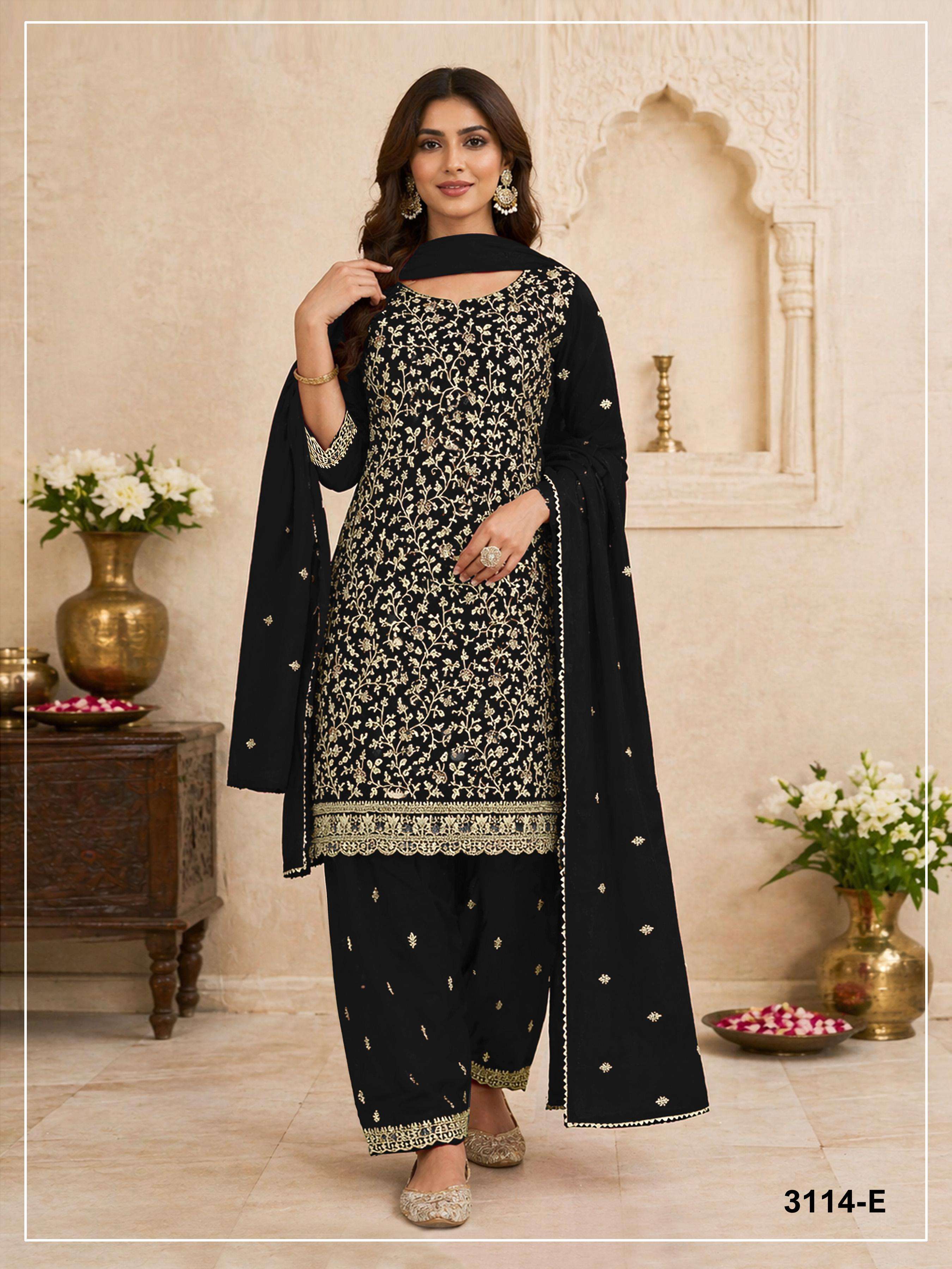 DESIGNER FANCY PARTY WEAR FAUX BLOOMING GEORGETTE BLACK SHARARA SALWAR SUIT PALAZZO JG 3114 E