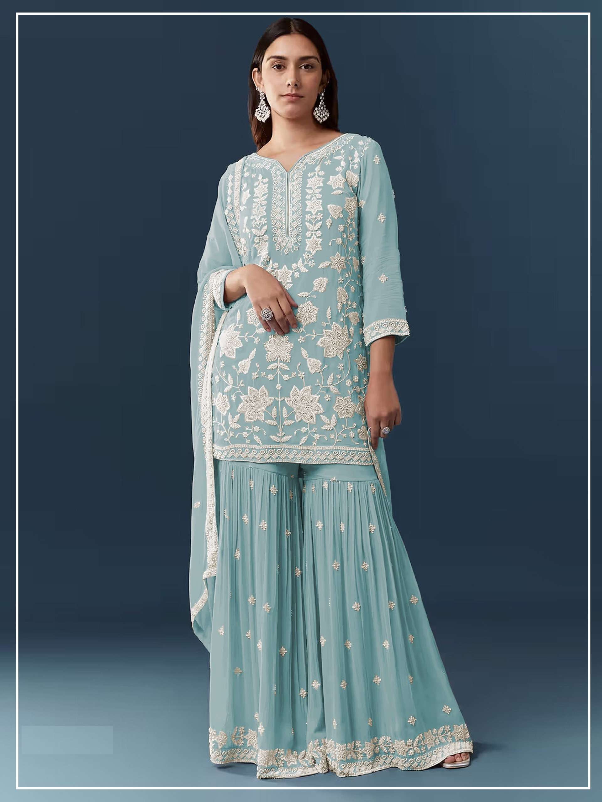 DESIGNER FANCY PARTY WEAR HEAVY CHIFFON BLUE SHARARA SALWAR SUIT PALAZZO CP 727 C