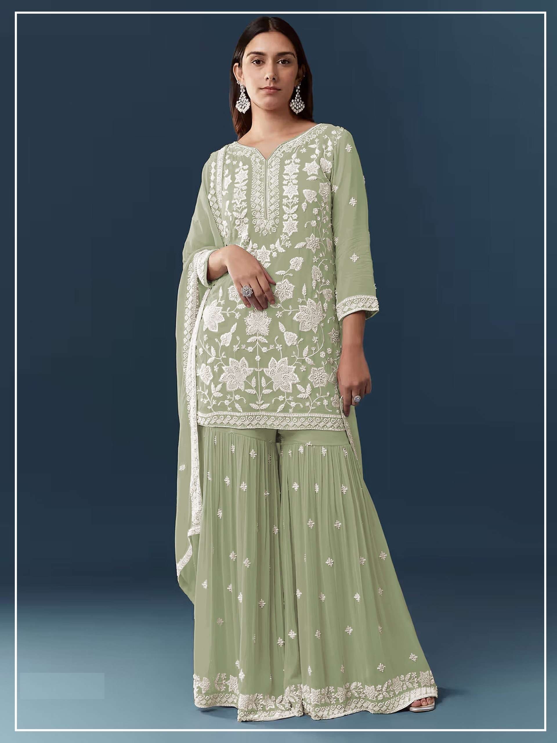 DESIGNER FANCY PARTY WEAR HEAVY CHIFFON GREEN SHARARA SALWAR SUIT PALAZZO CP 727 E