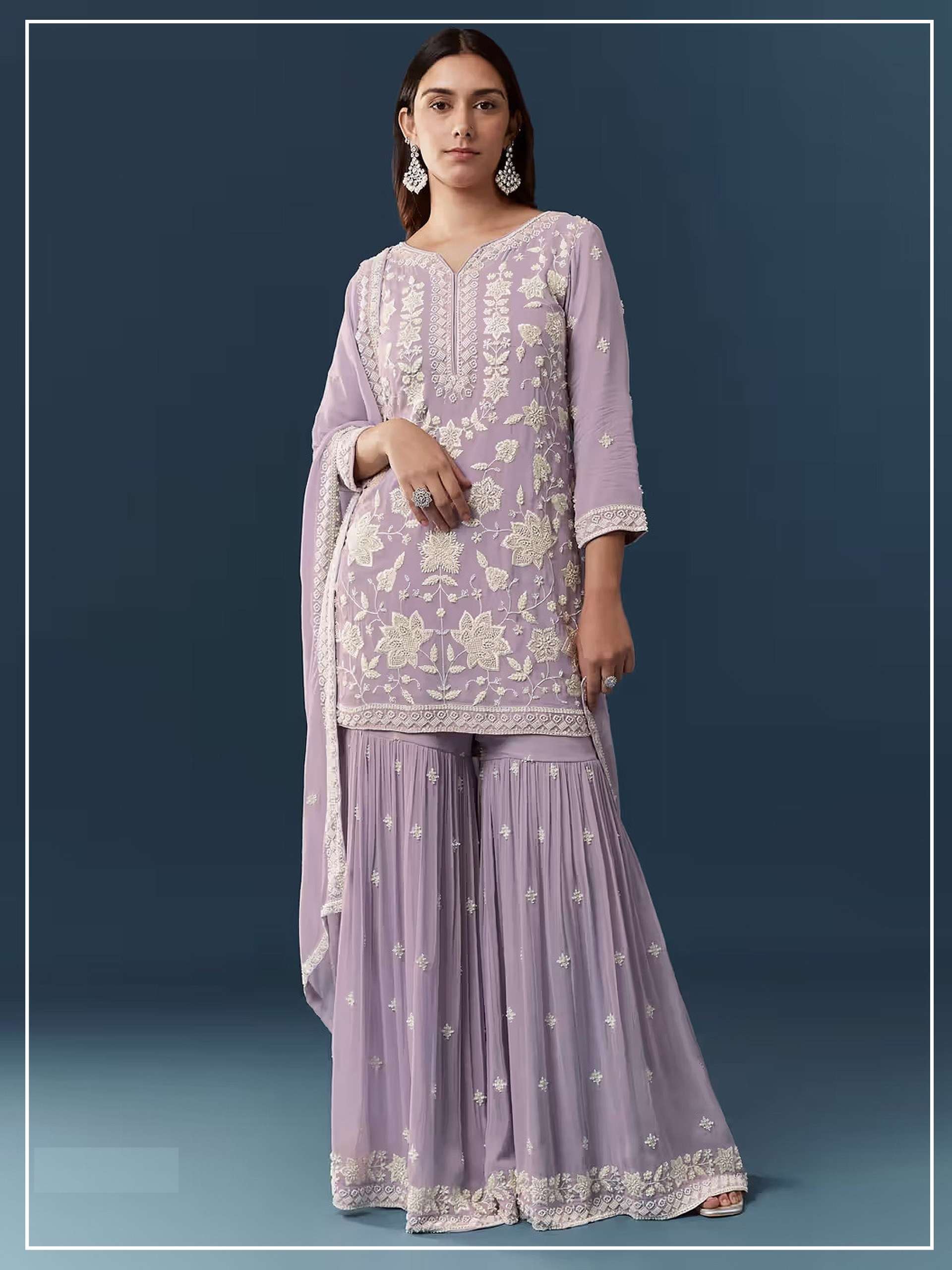 DESIGNER FANCY PARTY WEAR HEAVY CHIFFON LAVENDER SHARARA SALWAR SUIT PALAZZO CP 727 A