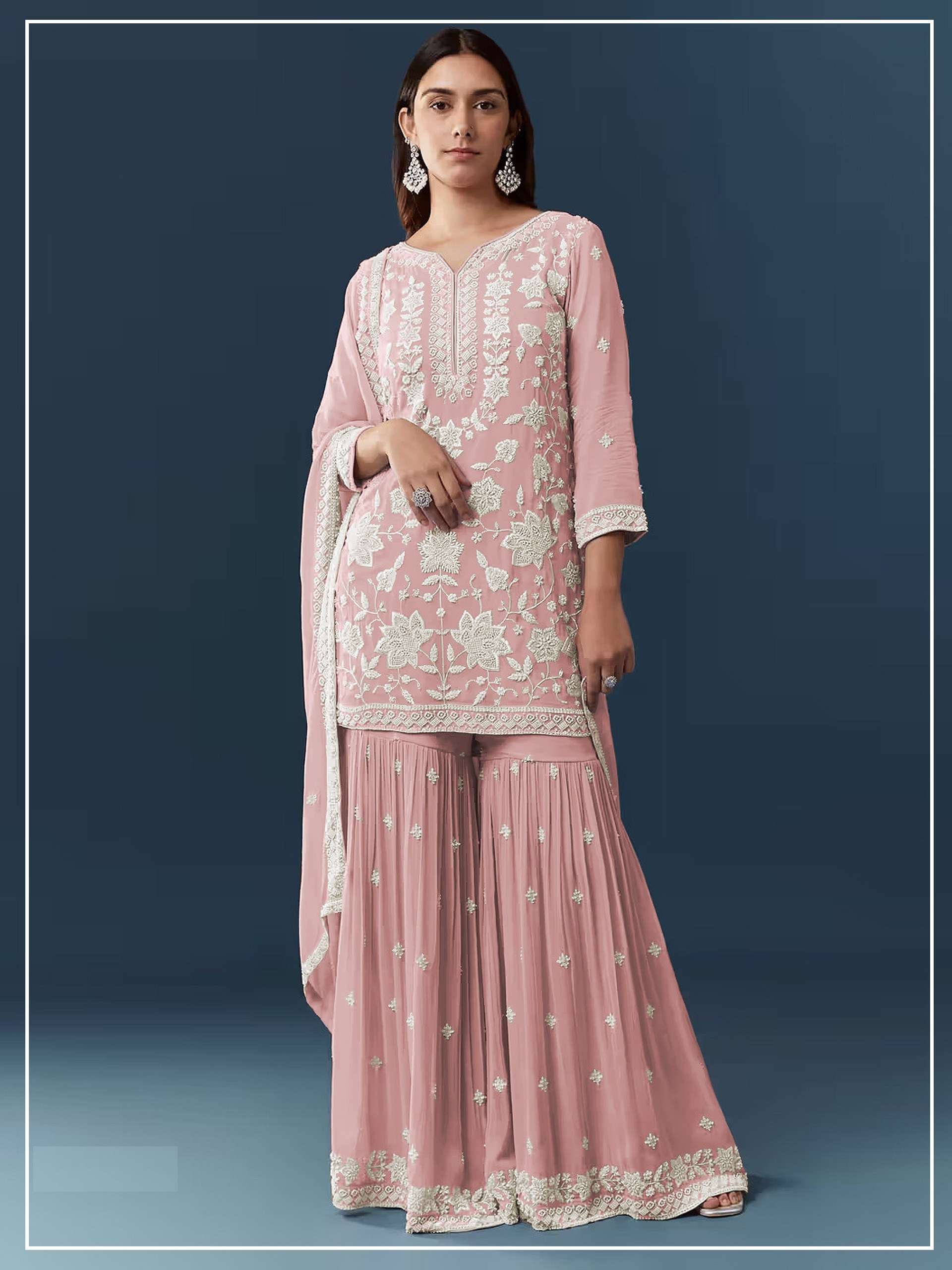 DESIGNER FANCY PARTY WEAR HEAVY CHIFFON ORANGE SHARARA SALWAR SUIT PALAZZO CP 727 B