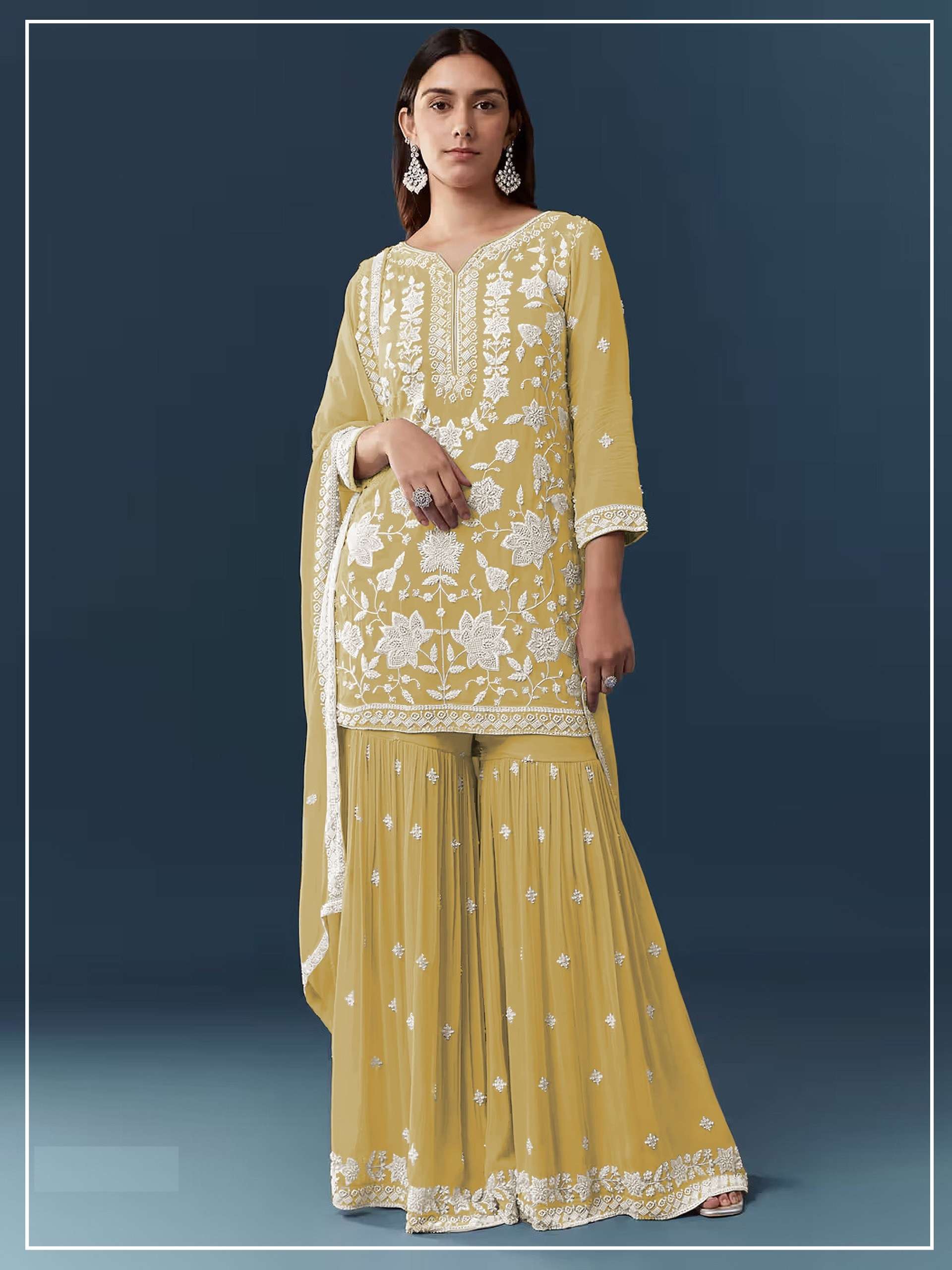 DESIGNER FANCY PARTY WEAR HEAVY CHIFFON YELLOW SHARARA SALWAR SUIT PALAZZO CP 727 D