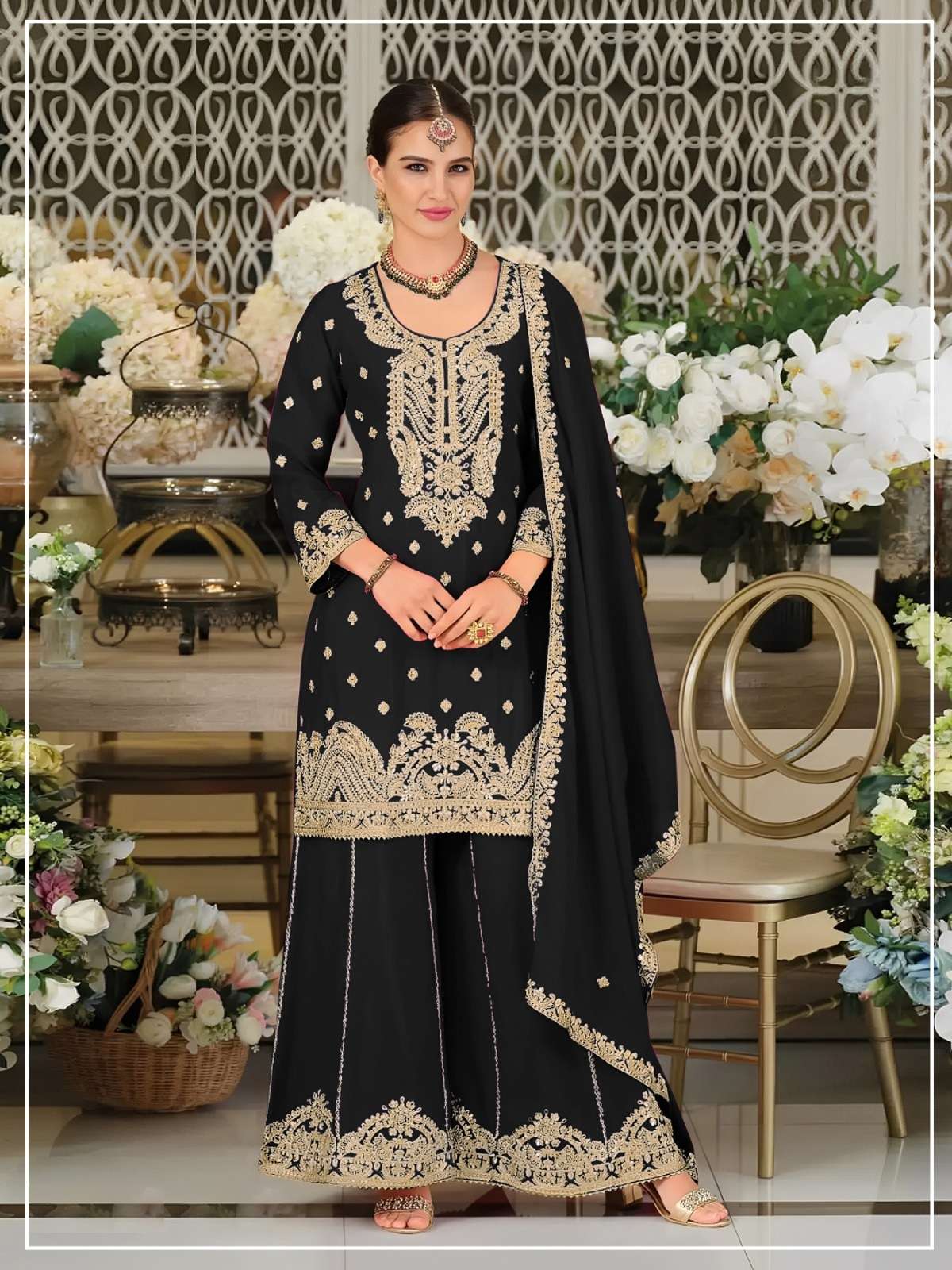 DESIGNER FANCY PARTY WEAR HEAVY CHINON BLACK SHARARA SALWAR SUIT PALAZZO CP 728 D