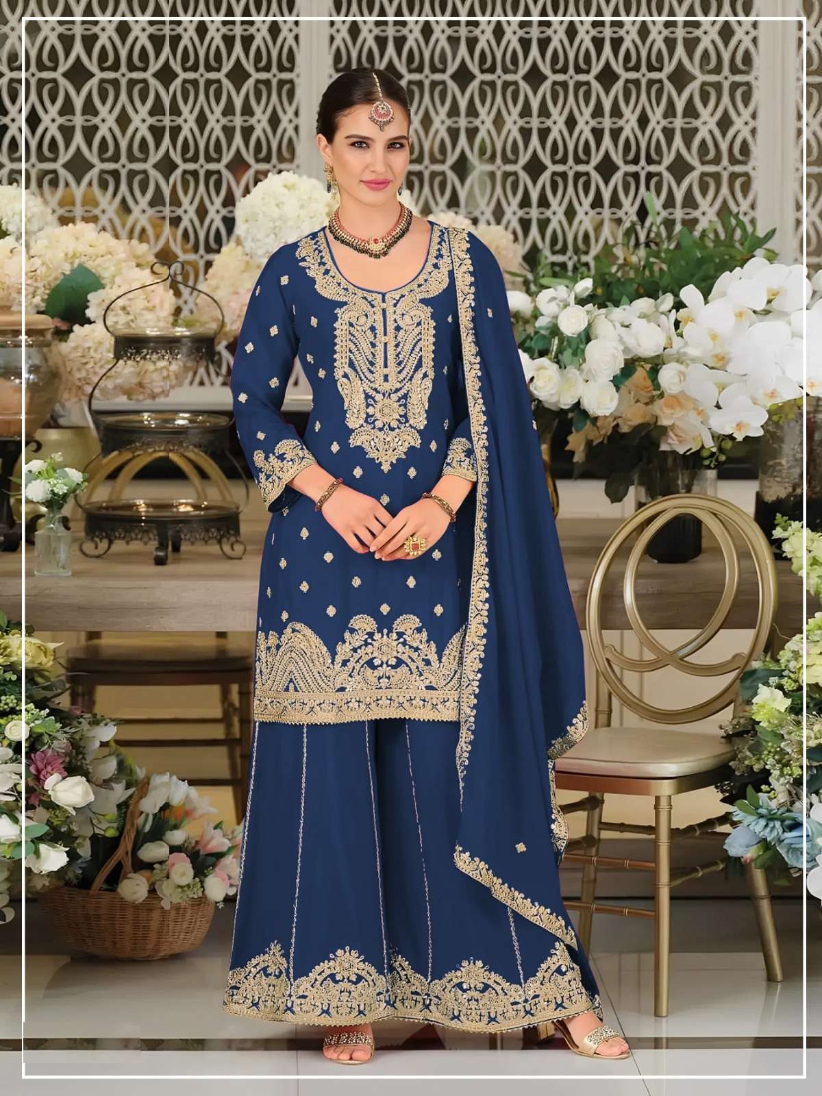 DESIGNER FANCY PARTY WEAR HEAVY CHINON BLUE SHARARA SALWAR SUIT PALAZZO CP 728 C