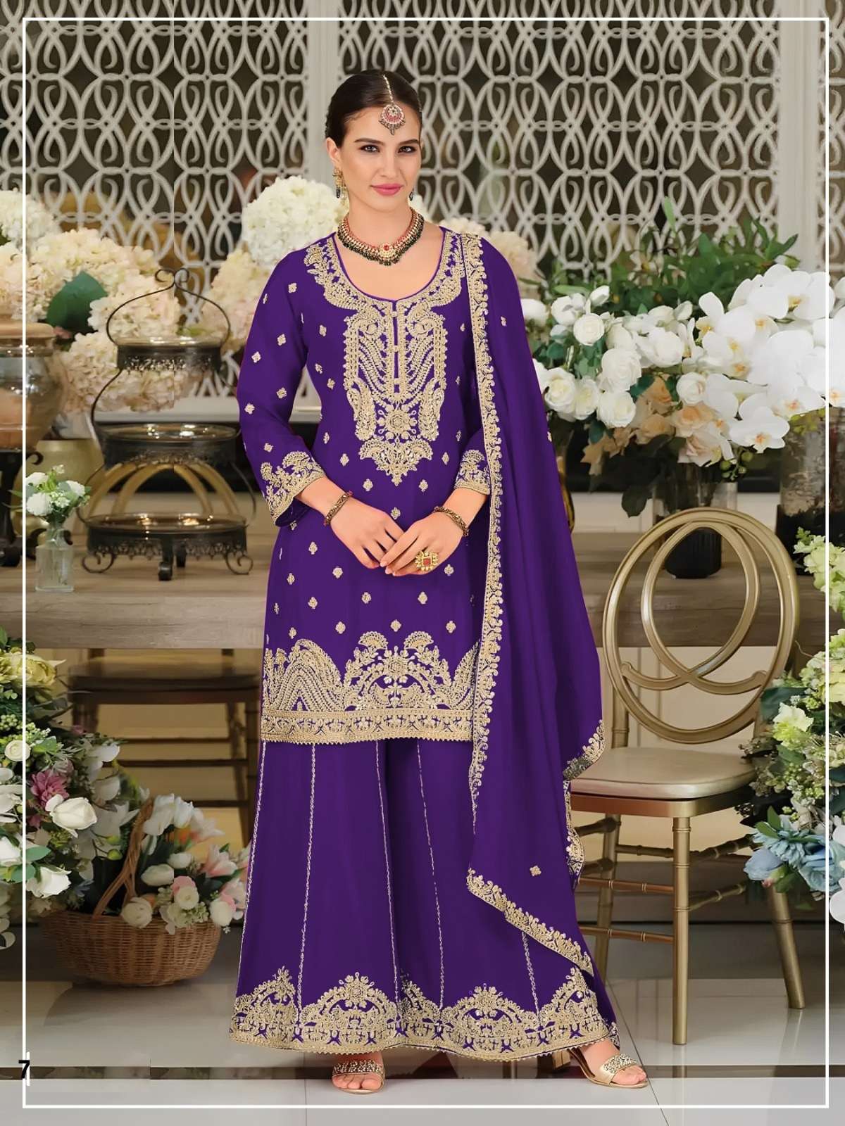 DESIGNER FANCY PARTY WEAR HEAVY CHINON PURPLE SHARARA SALWAR SUIT PALAZZO CP 728 B