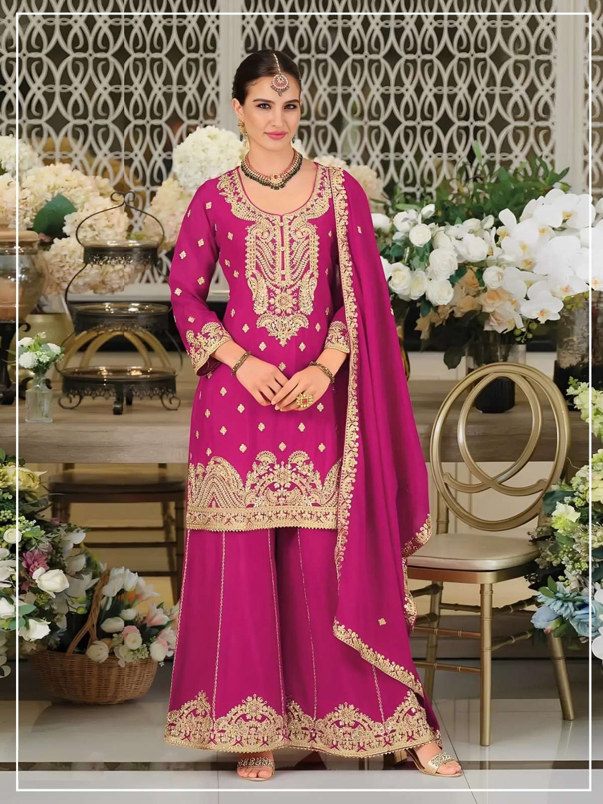 DESIGNER FANCY PARTY WEAR HEAVY CHINON RANI PINK SHARARA SALWAR SUIT PALAZZO CP 728 A