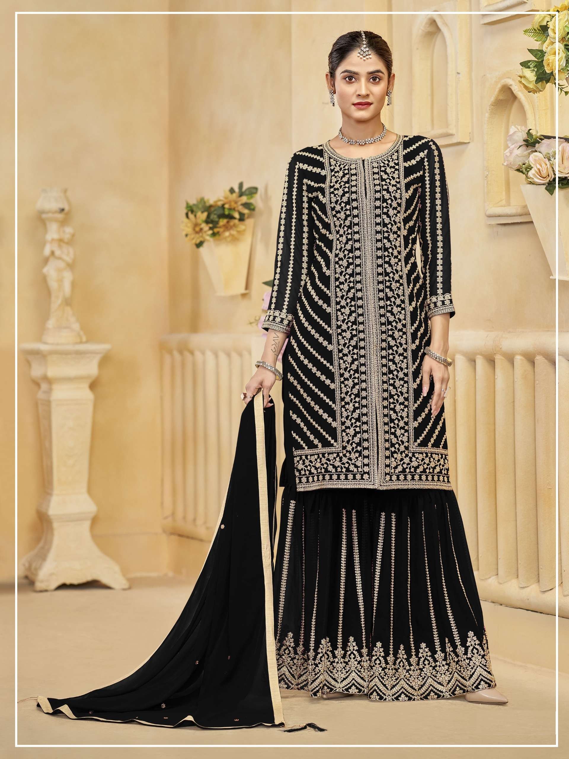 DESIGNER FANCY PARTY WEAR HEAVY FAUX GEORGETTE BLACK SHARARA SALWAR SUIT PALAZZO CP 733 D