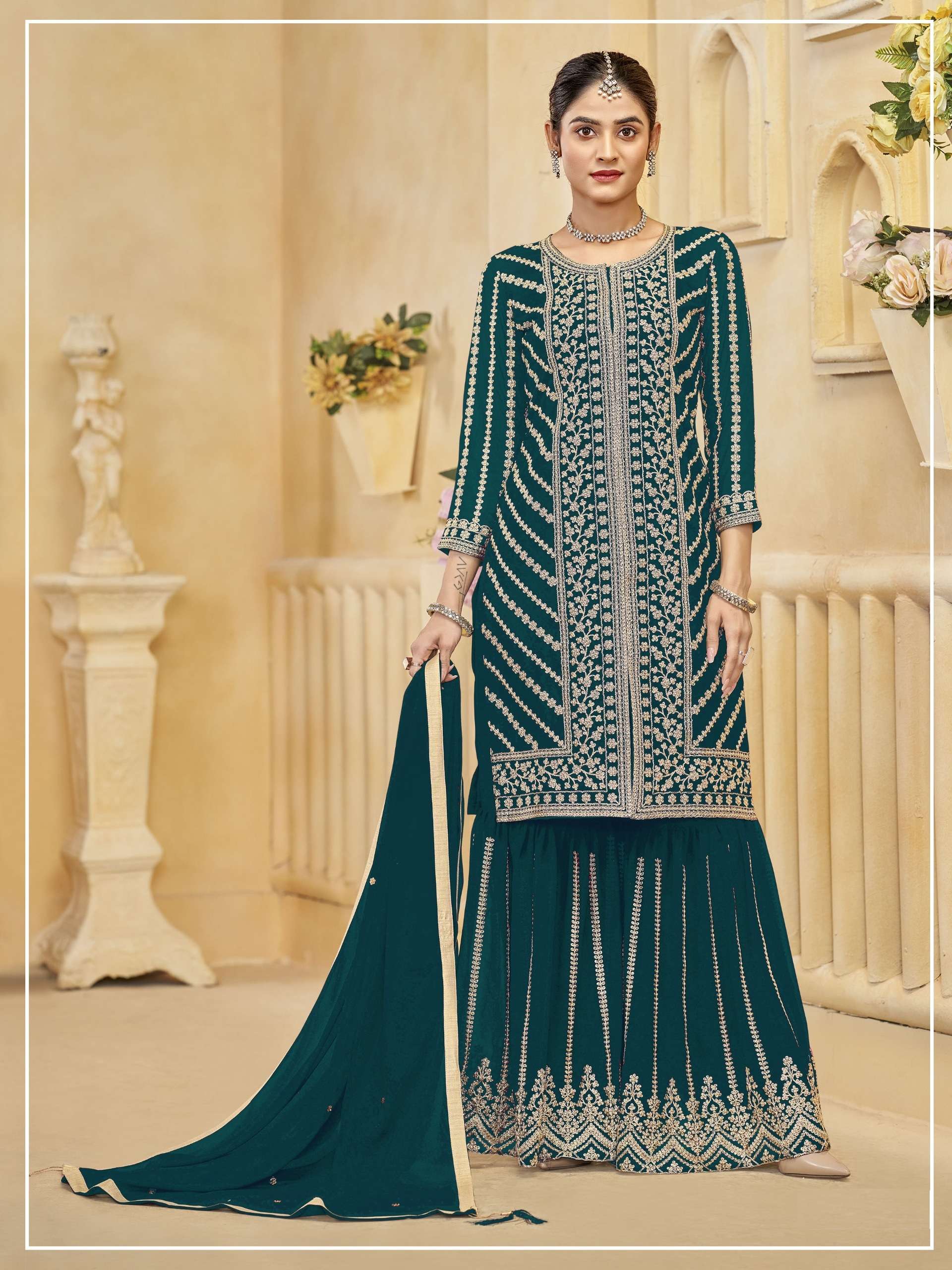 DESIGNER FANCY PARTY WEAR HEAVY FAUX GEORGETTE TEAL GREEN SHARARA SALWAR SUIT PALAZZO CP 733 B