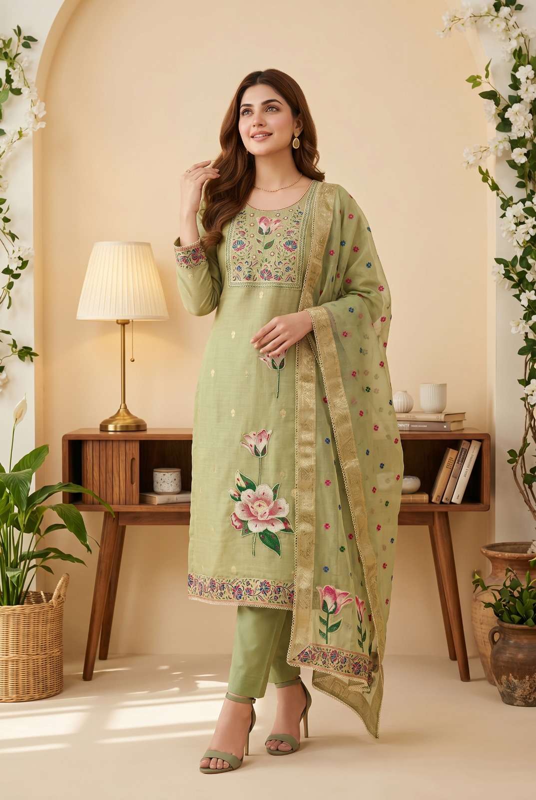 DESIGNER WEDDING PARTY WEAR COTTON SILK STRAIGHT GREEN PAKISTANI SALWAR SUIT SVN 148