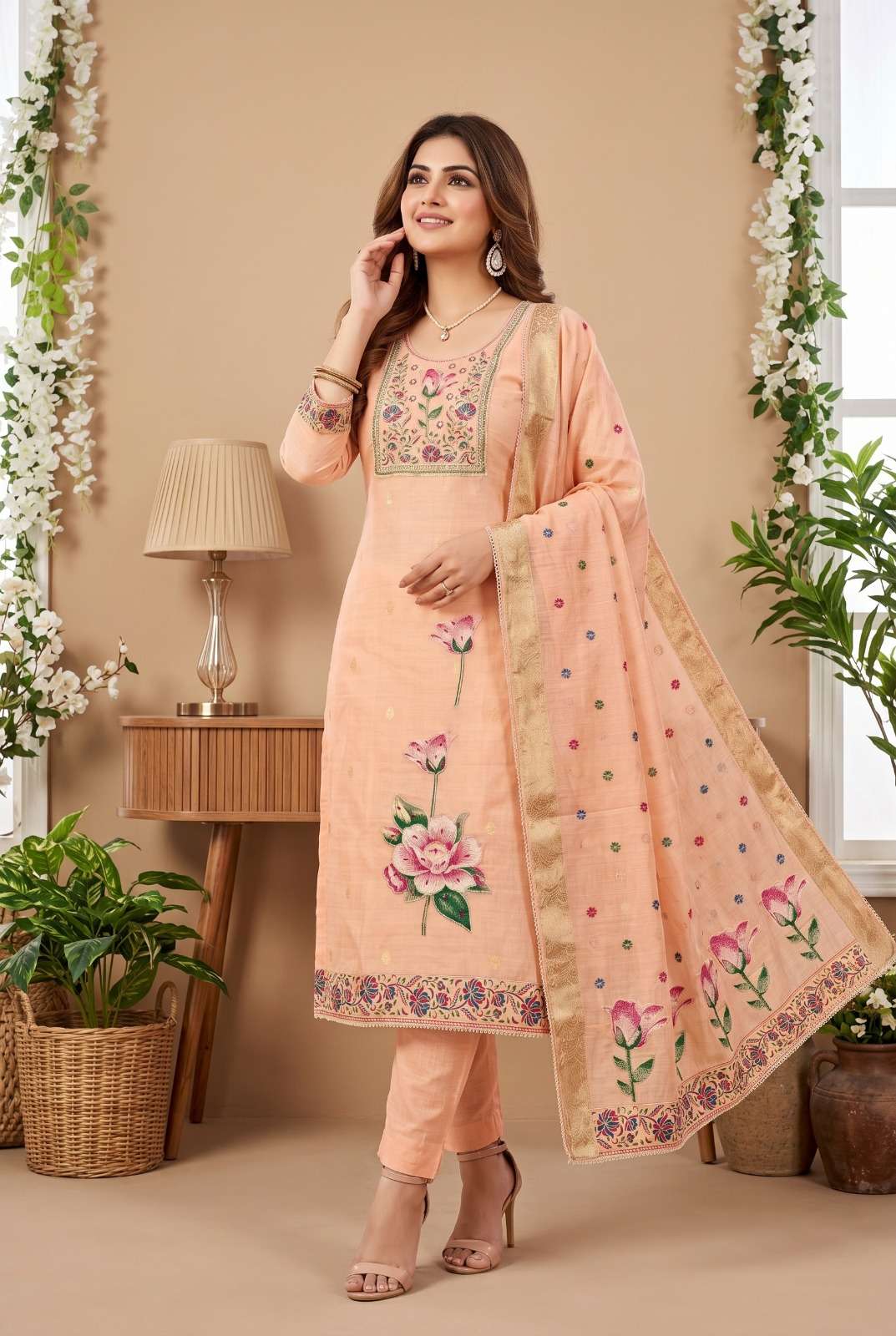 DESIGNER WEDDING PARTY WEAR COTTON SILK STRAIGHT PEACH PAKISTANI SALWAR SUIT SVN 150