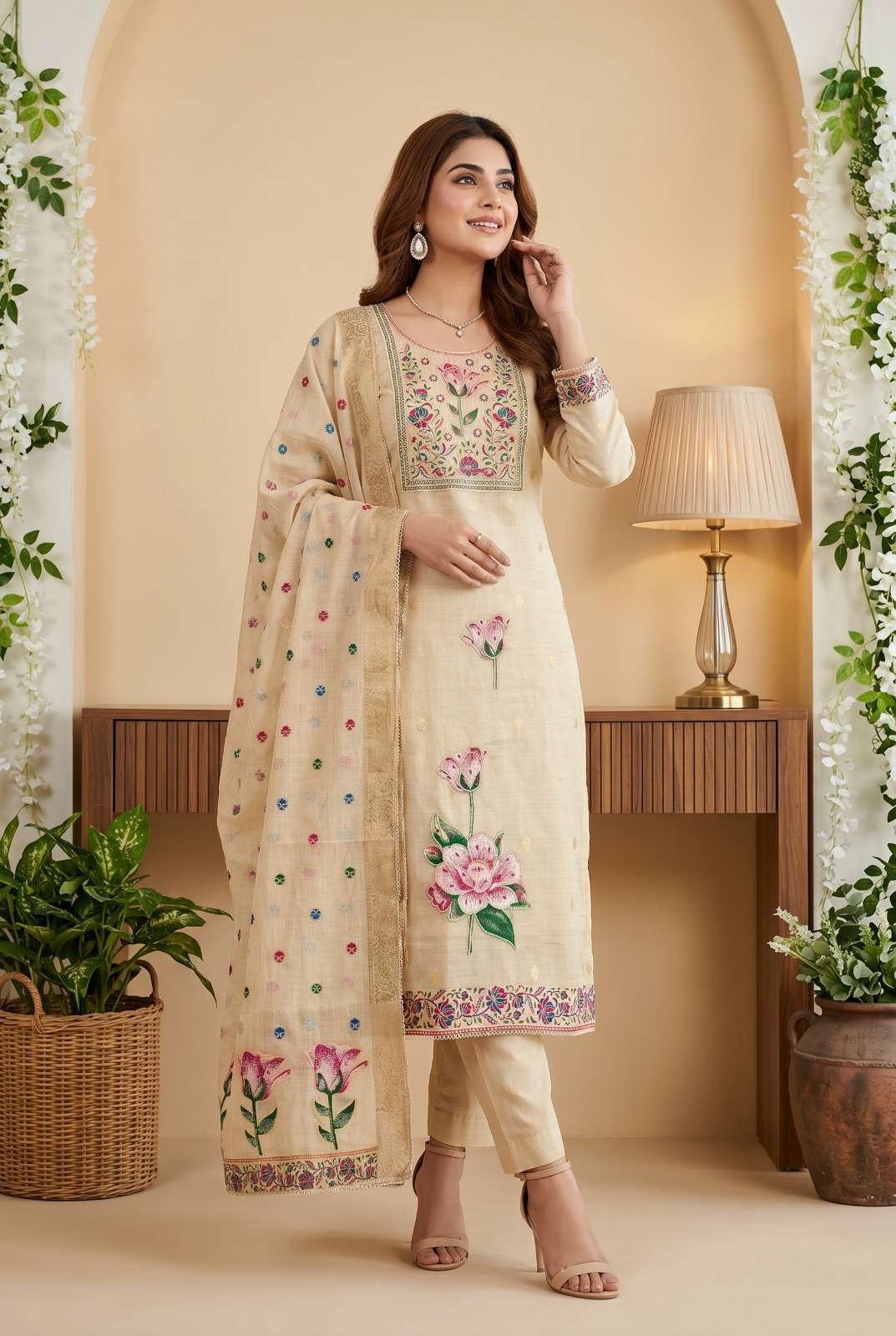 DESIGNER WEDDING PARTY WEAR COTTON SILK STRAIGHT WHITE PAKISTANI SALWAR SUIT SVN 149