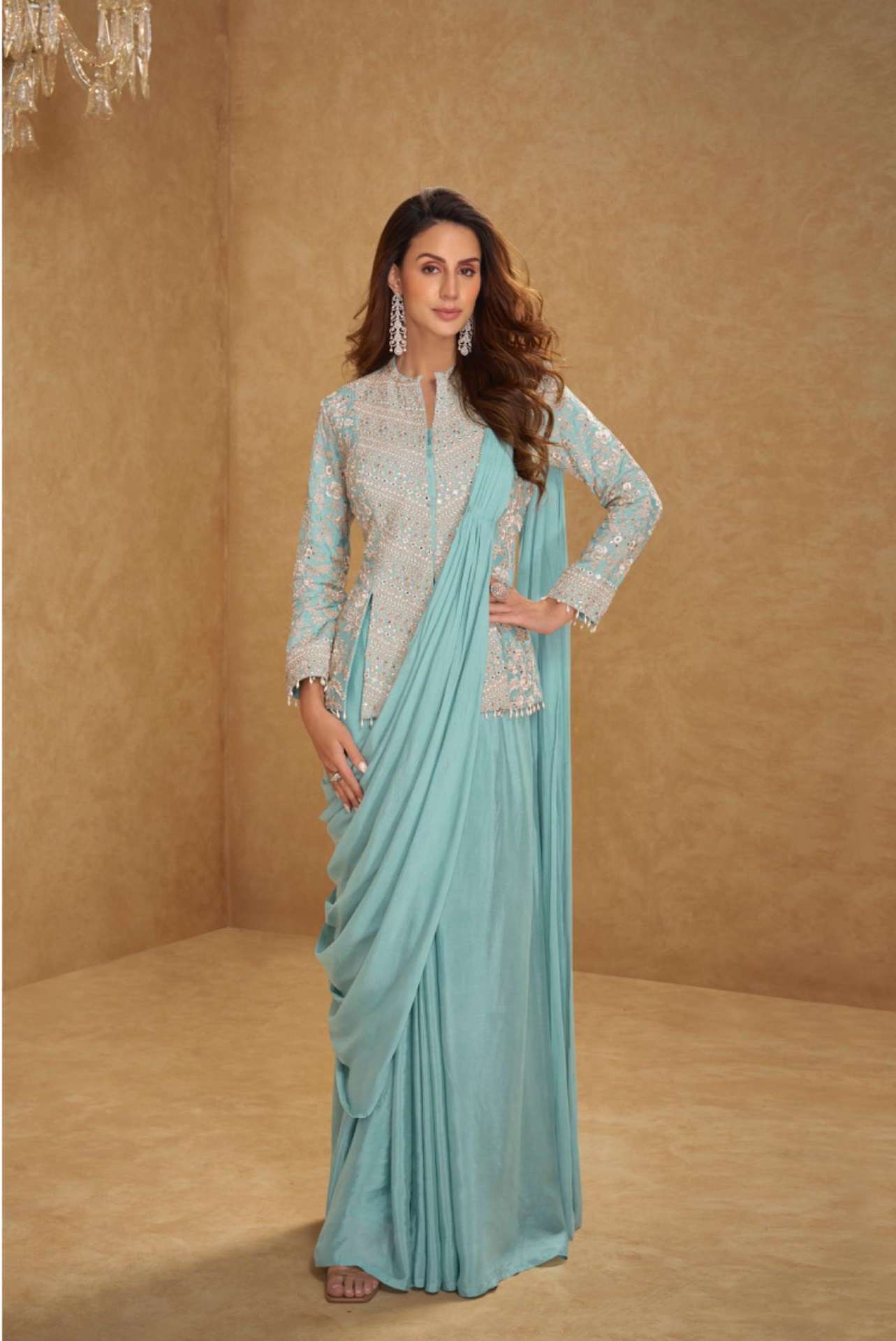 DESIGNER WEDDING PARTY WEAR PURE CHINON SILK BLUE LONG BLOUSE SKIRT STYLE SALWAR SUIT GL MIRZA 7627 D