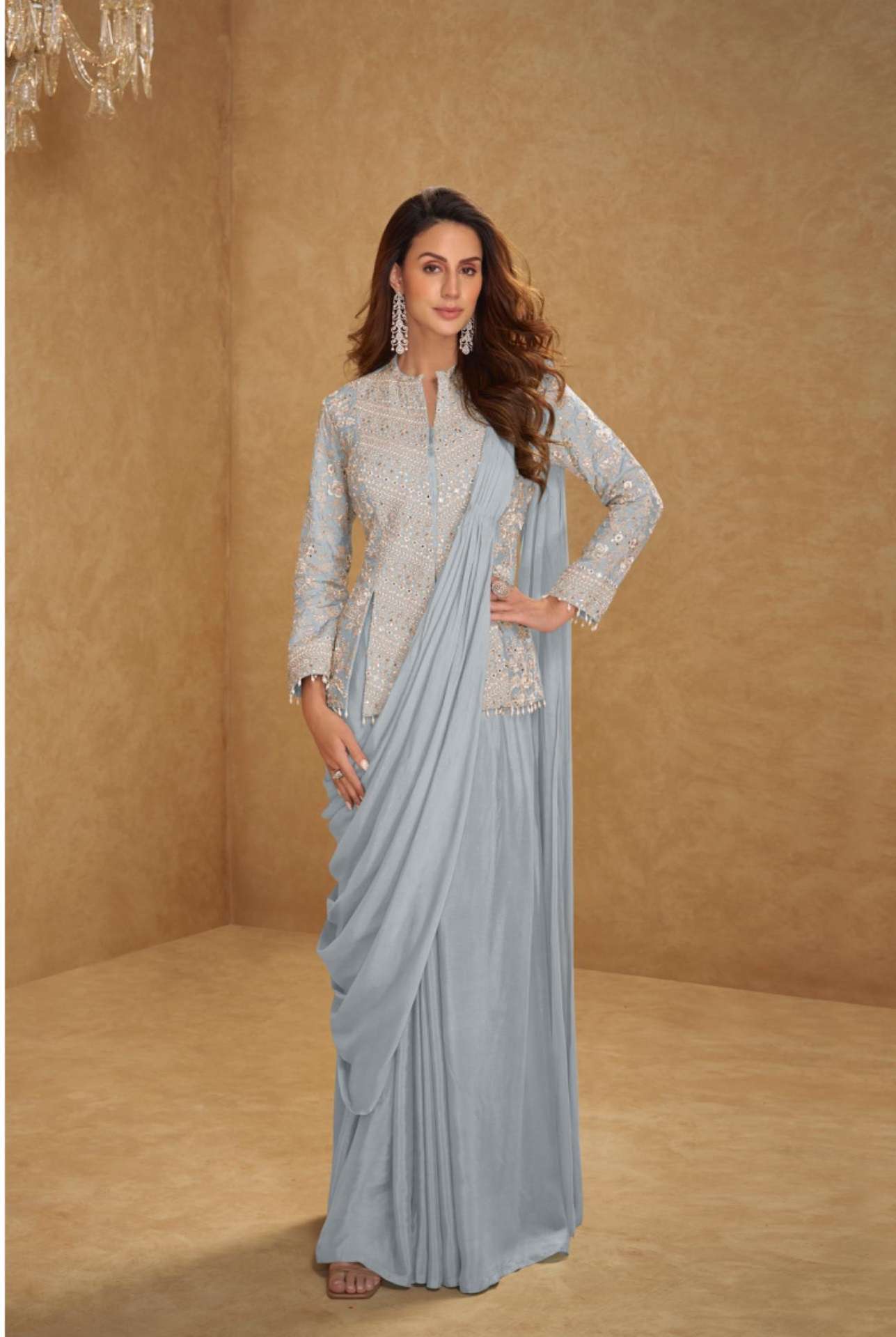DESIGNER WEDDING PARTY WEAR PURE CHINON SILK GREY LONG BLOUSE SKIRT STYLE SALWAR SUIT GL MIRZA 7627 F