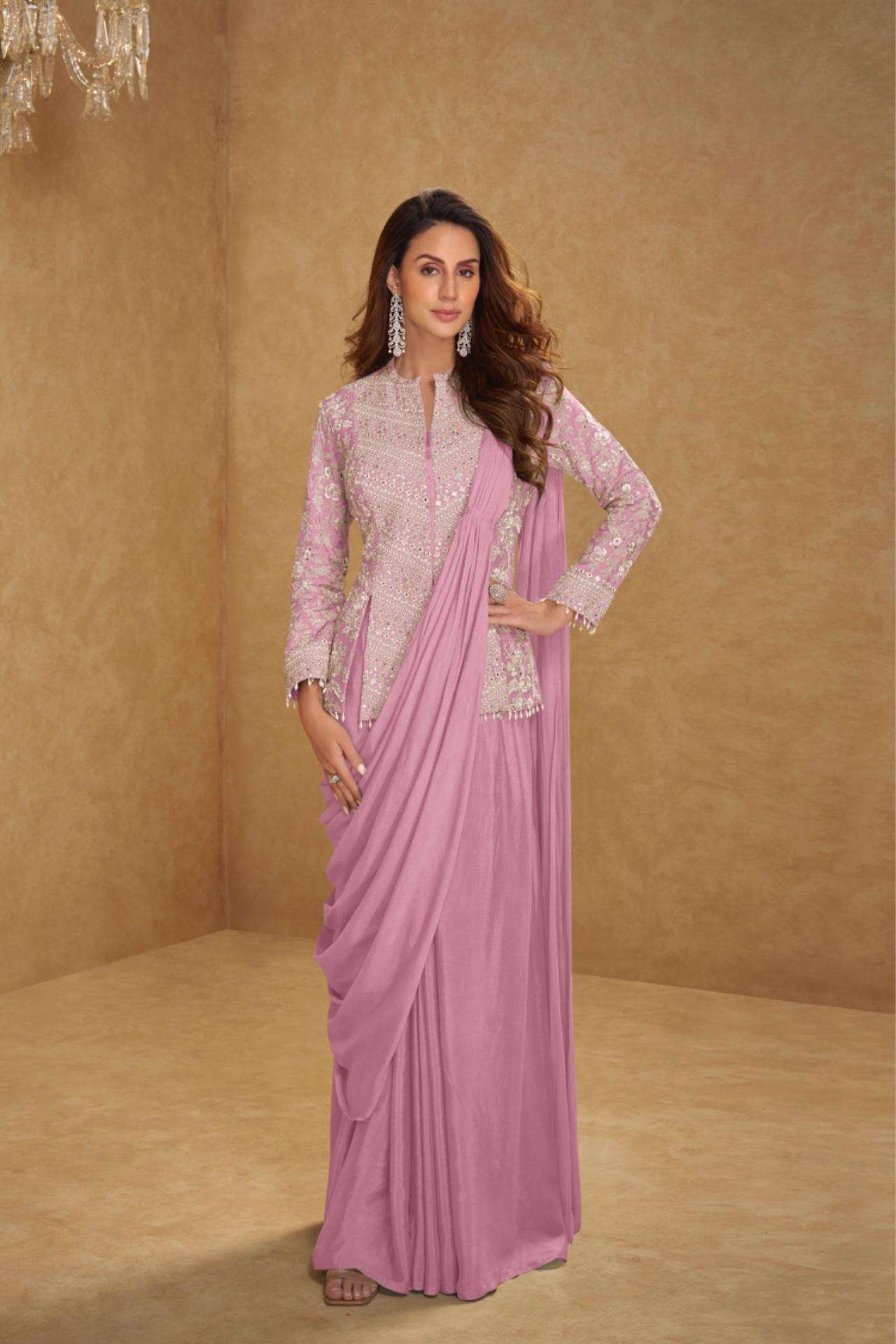 DESIGNER WEDDING PARTY WEAR PURE CHINON SILK PINK LONG BLOUSE SKIRT STYLE SALWAR SUIT GL MIRZA 7627 E