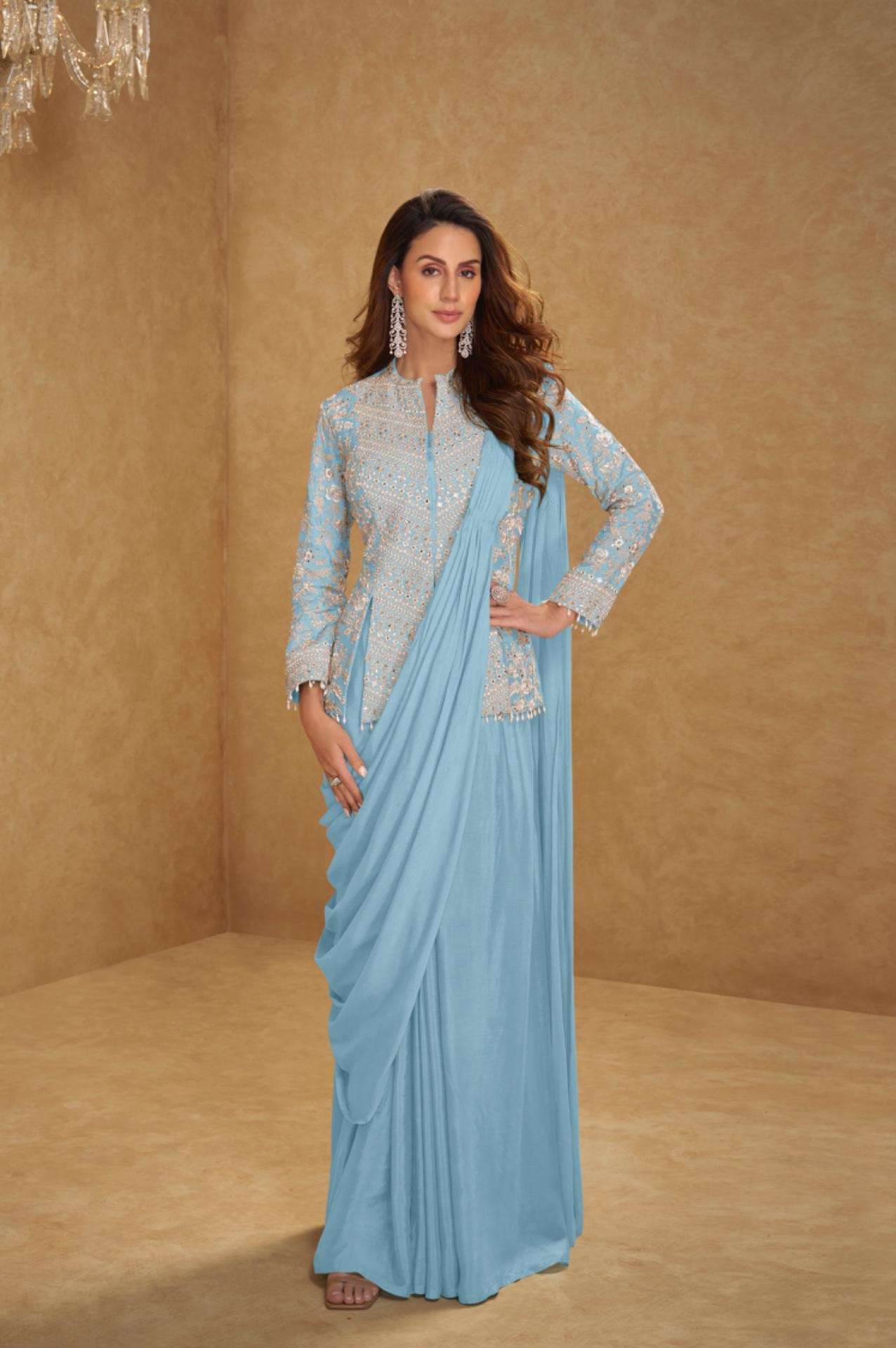 DESIGNER WEDDING PARTY WEAR PURE CHINON SILK SKY BLUE LONG BLOUSE SKIRT STYLE SALWAR SUIT GL MIRZA 7627 G